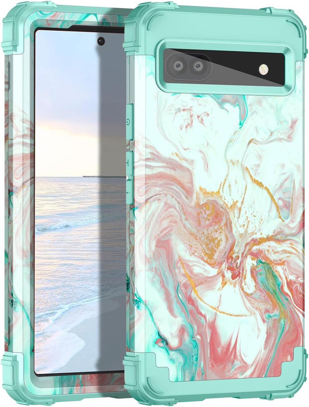 Hekodonk Google Pixel 6A Case (2022) - Heavy Duty Shockproof Hybrid Protection, Hard Plastic & Silicone Rubber, 3-In-1 Drop Protective - Blue Golden  Hekodonk Pink Green  