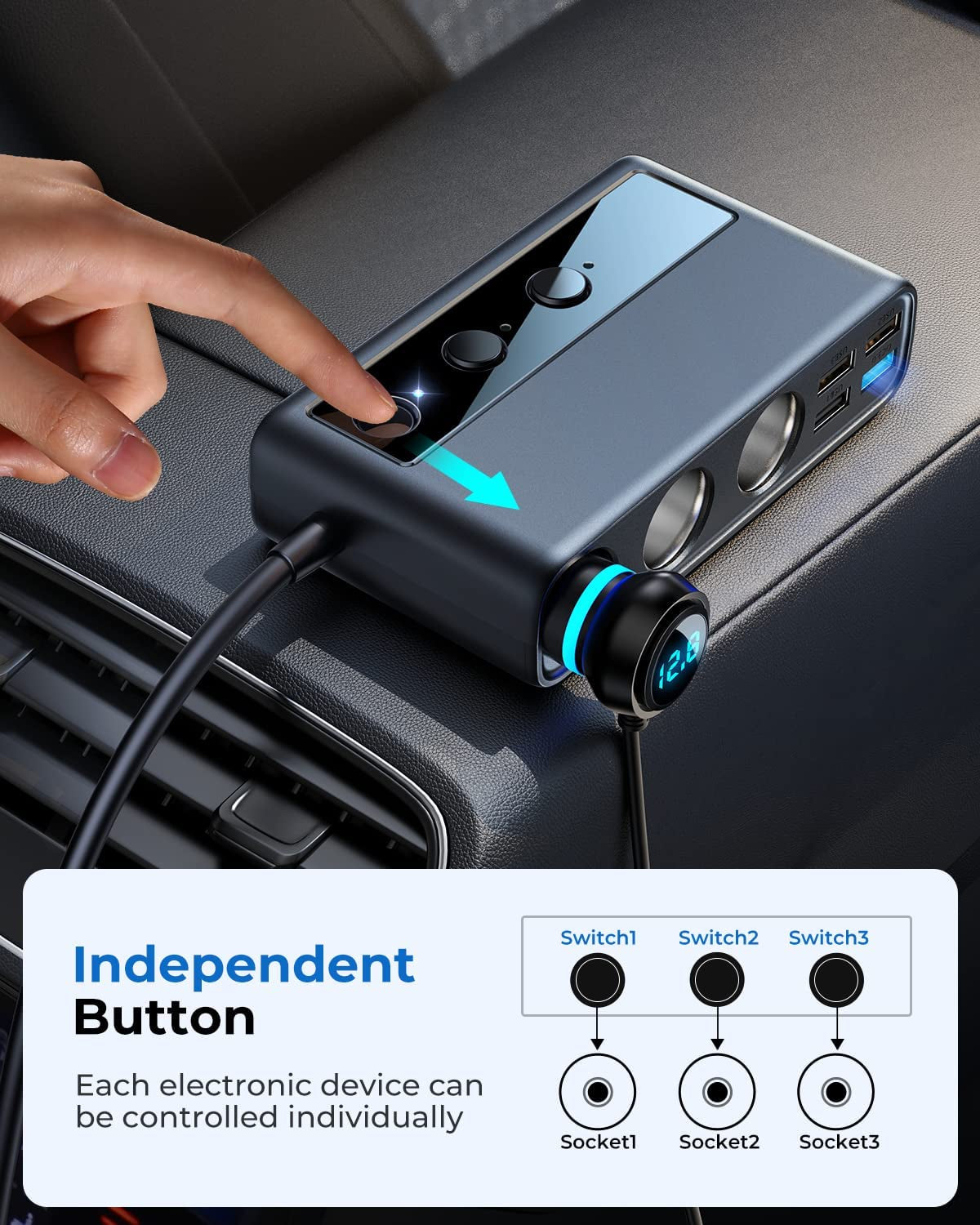 9 in 1 Car Adapter, Joyroom 3 Socket Cigarette Lighter Splitter with PD/QC 3.0 * 2 Charge(3.3Ft Cable), 154W 12V/24V Independent Switches DC Outlet Charger for All Car Devices  JOYROOM   