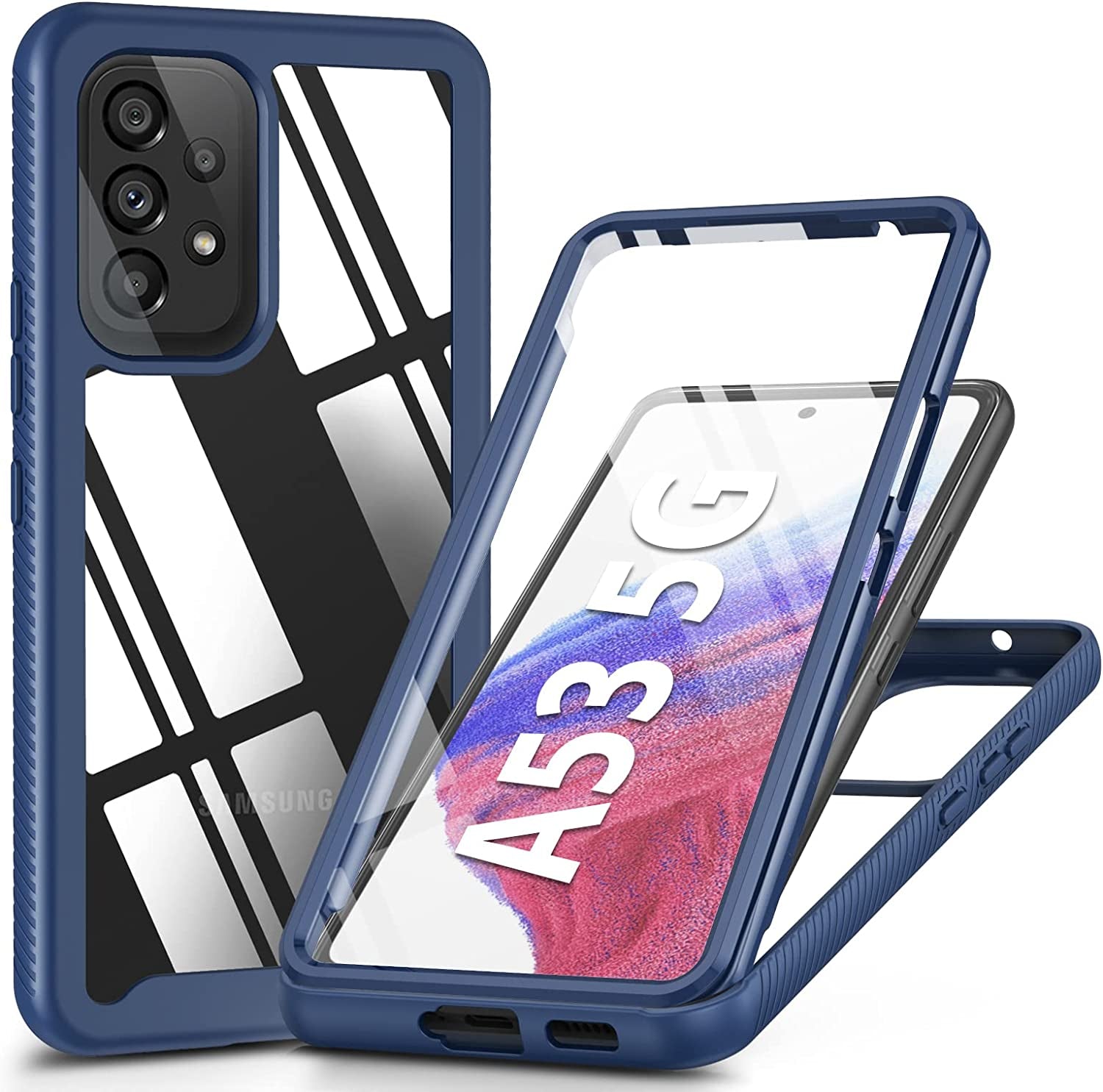 PUJUE for Samsung Galaxy A53 5G Case: Shockproof Protective Phone Cases - Soft Silicone TPU Slim Cell Shell - Cute Durable Rugged Matte Phone Covers (Black)  PUJUE Navy Blue / Clear Back  