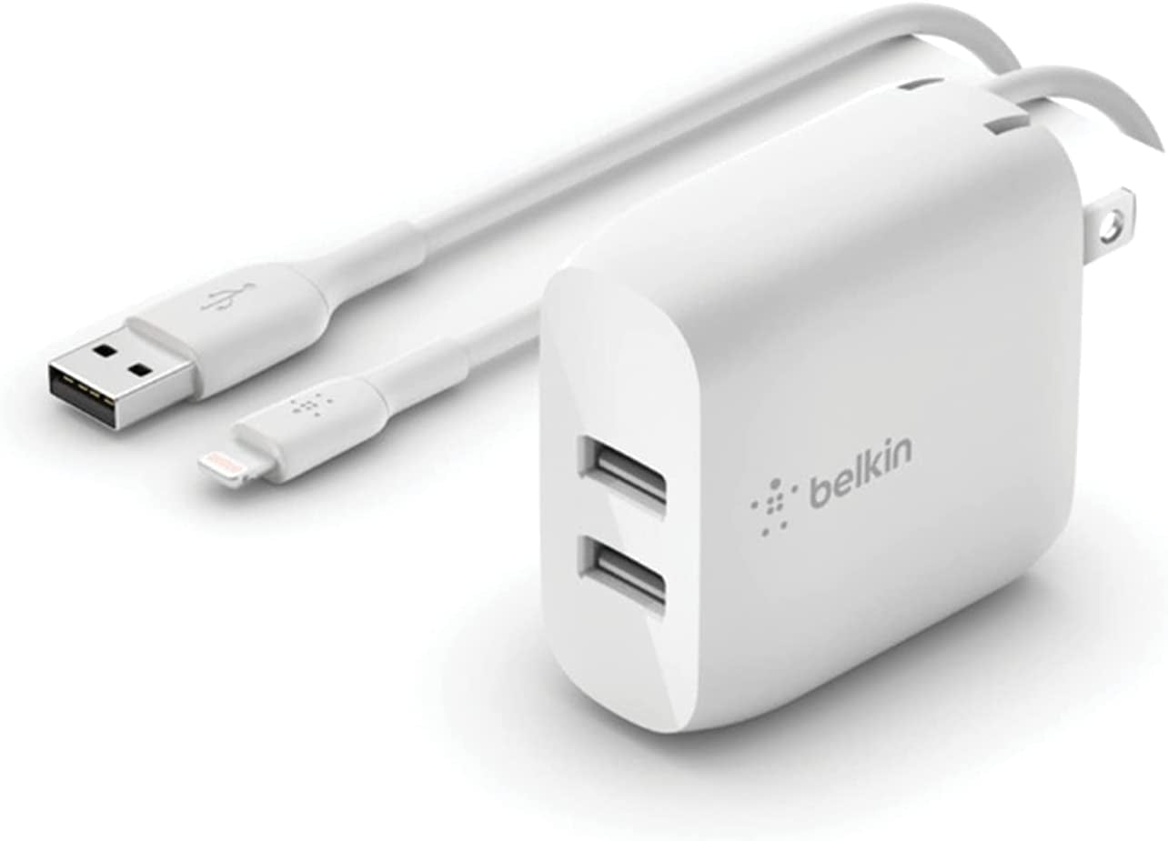 Belkin 24W Dual Port USB Wall Charger - Iphone Fast Charging - USB Charging Block for Power Bank, Iphone 14, Iphone13, Iphone 12, Iphone 11, Ipad Pro, Samsung & More, Iphone Cable Not Included  Belkin Includes Lightning Cable Charger 