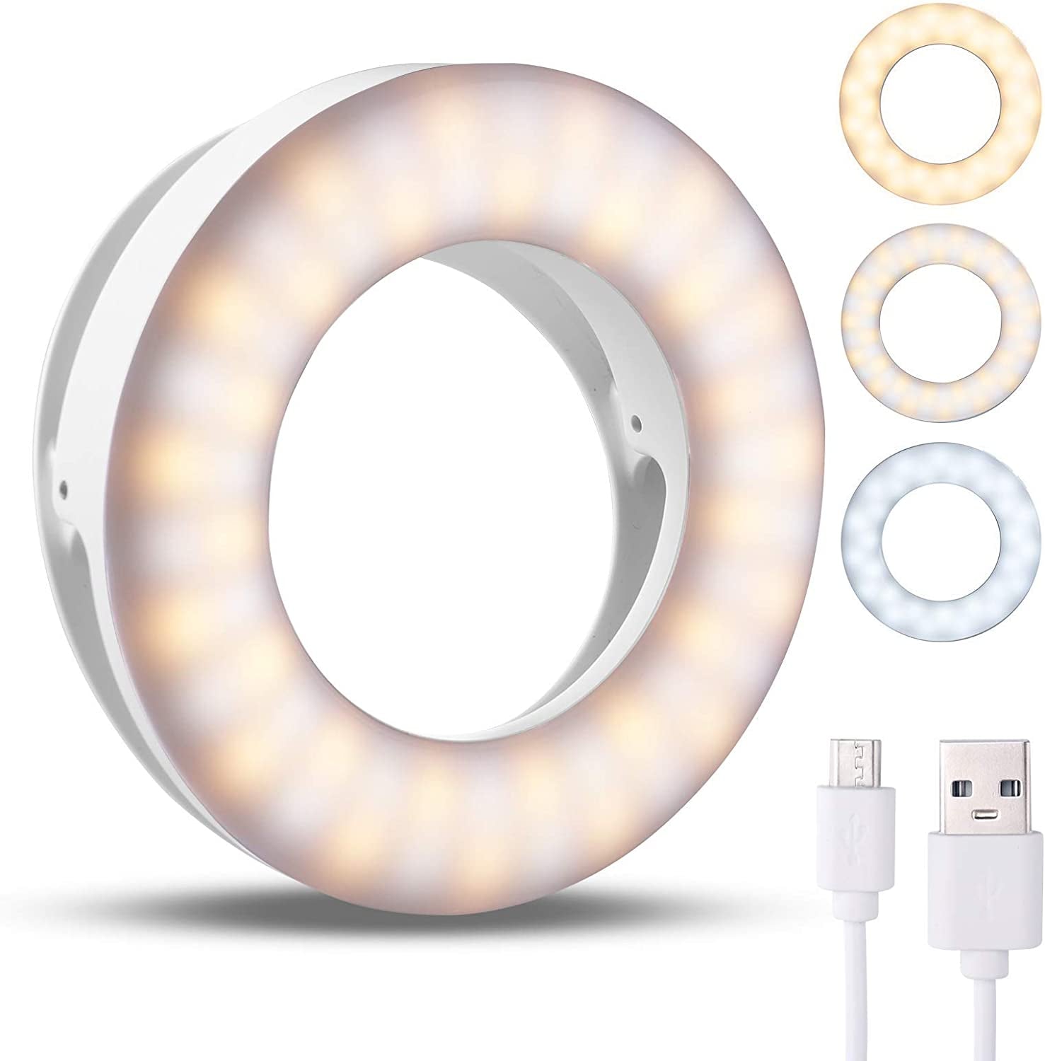 Benbilry Clip on Selfie Ring Light, [Rechargeable] [3 Light Modes] with 60 LED, 4-Level Mini Circle Light for Iphone/Android Cell Phone Ipad Laptop Photography, Camera Video, Girls Make Up  Benbilry   