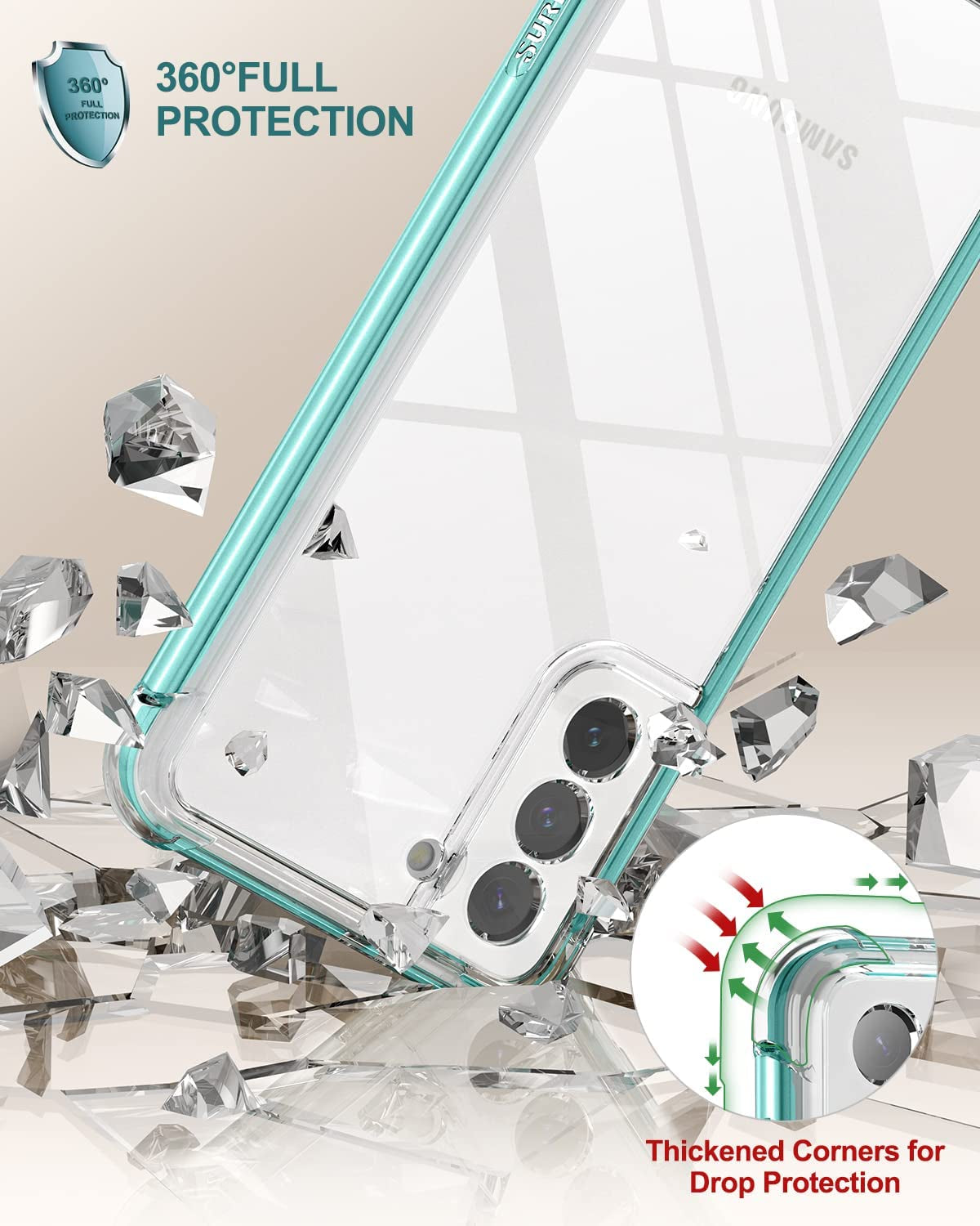 SURITCH for Samsung Galaxy S21+ plus Clear Case 6.7" (Only), [Built-In Screen Protector] Full Body Protective Hard Shell+Soft TPU Phone Case for Samsung S21 plus -(Green Edge)  SURITCH   