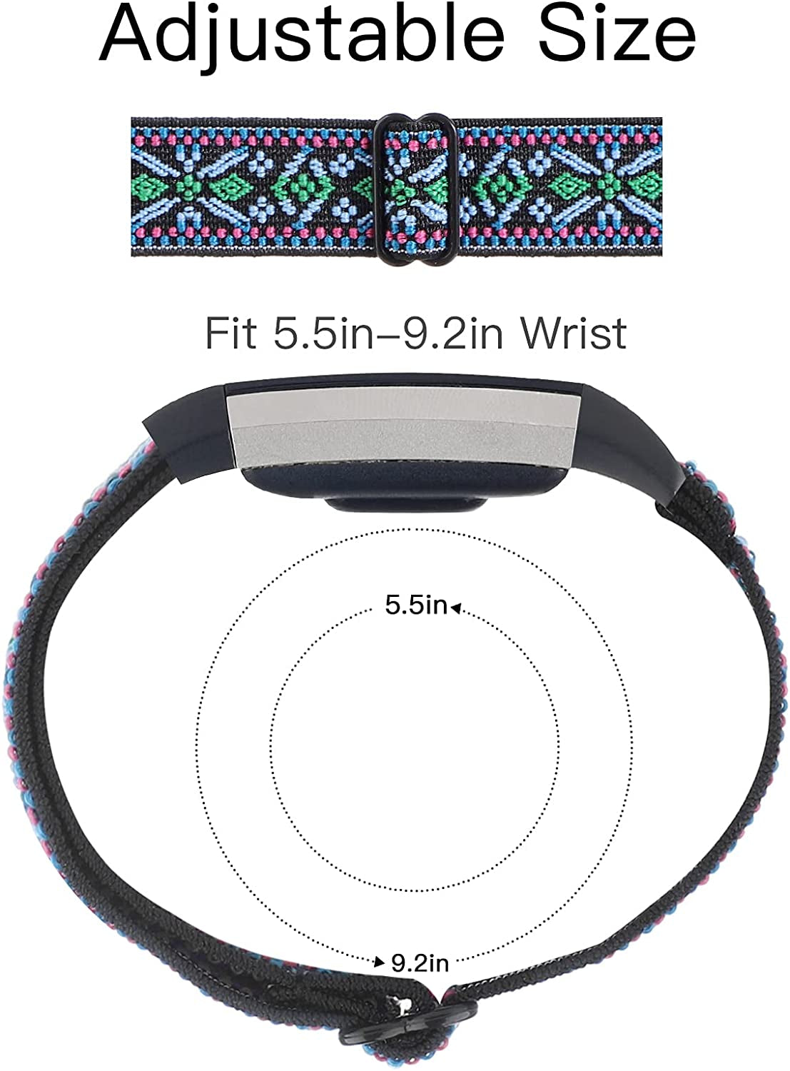 YONWORTH Adjustable Elastic Watch Band Compatible with Fitbit Charge 2 Bands, Stretchy Nylon Loop Strap Soft Wrist Bands Bracelet Sport Replacement for Women Men (Aztec Blue Green)  YONWORTH   