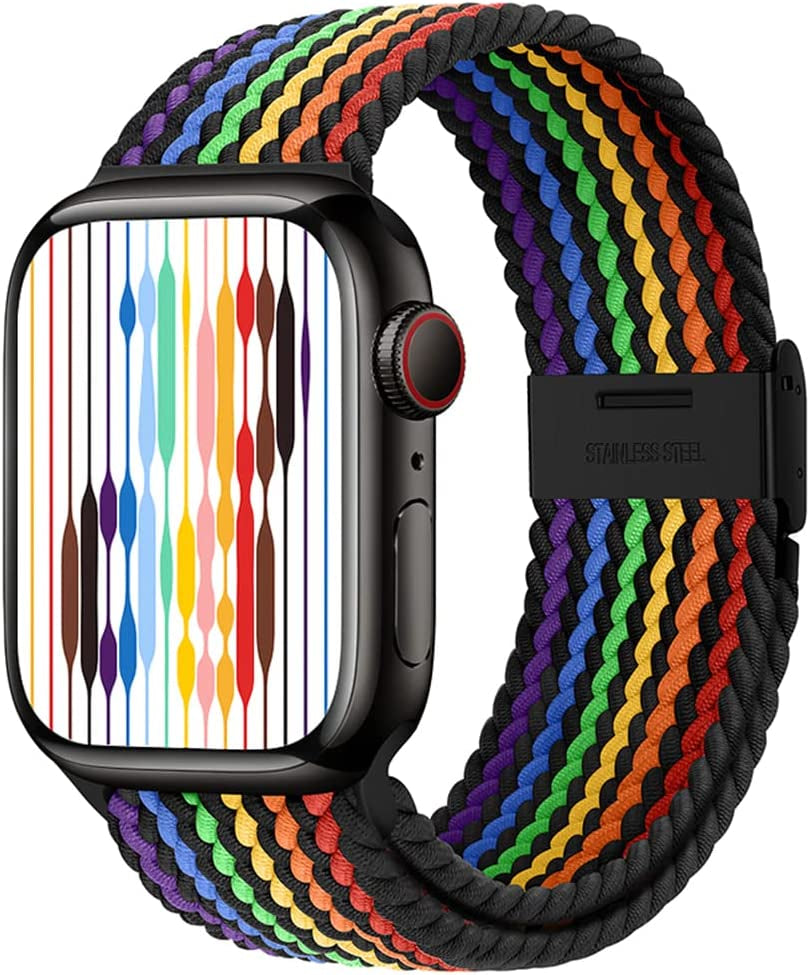 Qimela Compatible with Apple Watch Band 49Mm 45Mm 44Mm 42Mm,Stretchy Sport Solo Loop Strap with Adjustable Buckle,Elastic Nylon Braided Wristband for Iwatch Series 8 7 6 SE 5 4 3 2 1 Ultra,Women Men  FS-TECH Rainbow-Black 42mm/44mm/45mm/49mm 