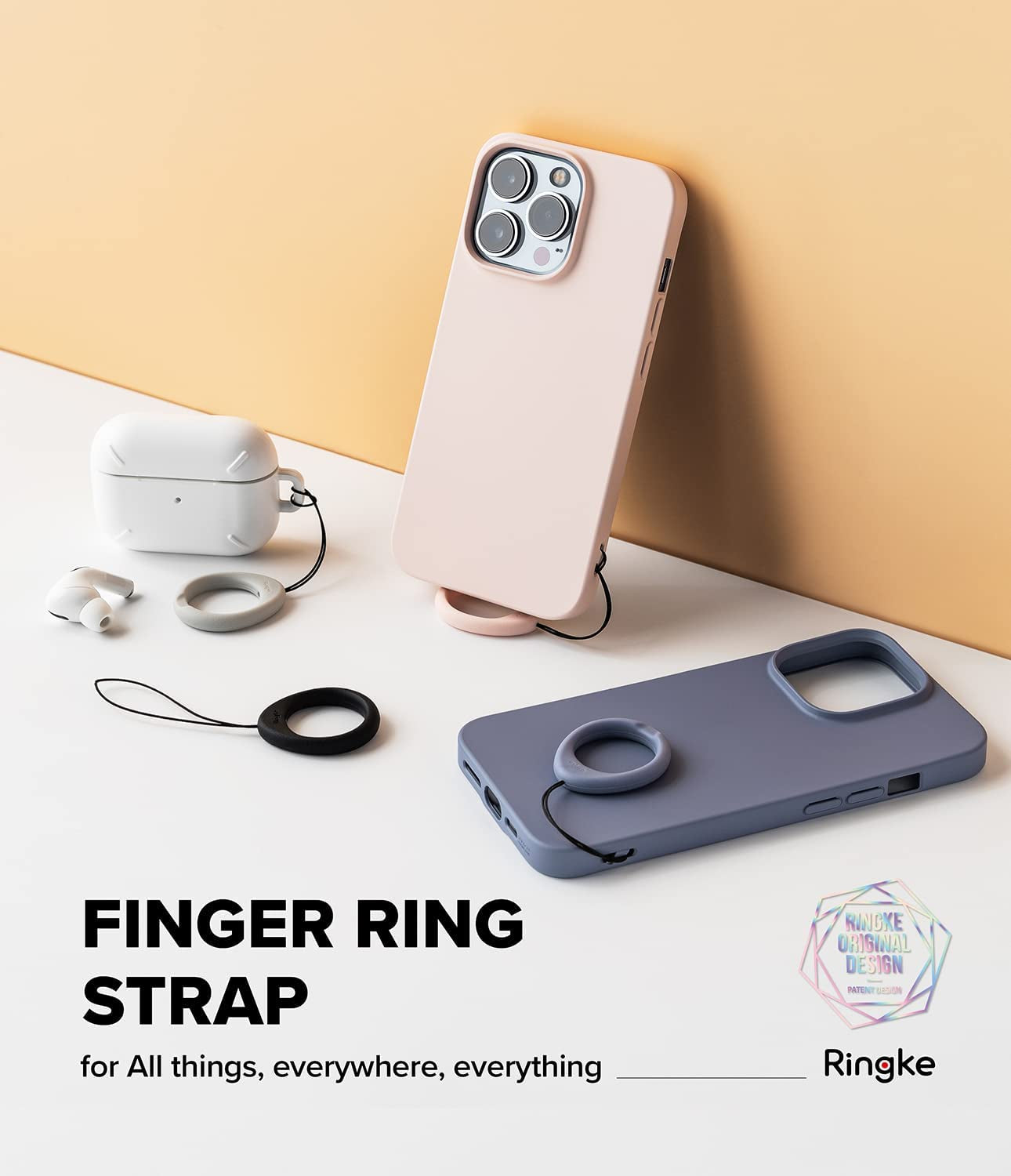 Ringke Finger Ring Strap Silicone Smartphone Grip Lanyard Holder [2 Pack] with Anti-Slip Mount Function Compatible with Phone Cases, Keys, Cameras, and More - Black & Lavender Gray  Rearth   