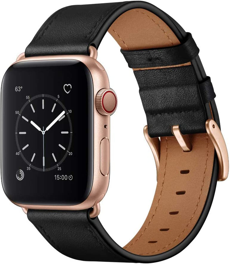 OUHENG Compatible with Apple Watch Band 49Mm 45Mm 44Mm 42Mm, Genuine Leather Band Replacement Strap Compatible with Apple Watch Ultra Series 8/7/6/5/4/3/2/1/SE/SE2, Black Band with Black Adapter  OUHENG Black/Rose Gold 49mm/45mm/44mm/42mm 