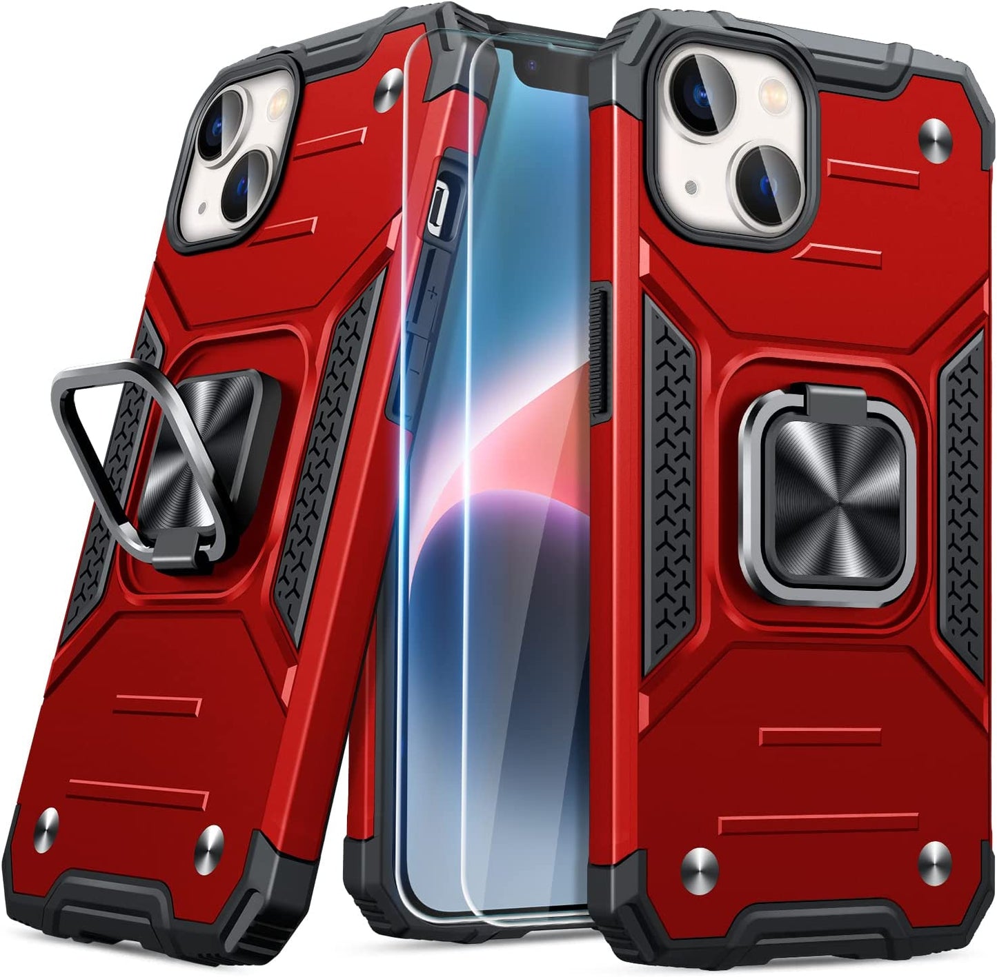 JAME for Iphone 14 Case with Screen Protector [2 PCS], Shockproof Bumper Case for Iphone 14 Case for Women & Men, Heavy-Duty Protection with Metal Ring Kickstand Case for Iphone 14, 6.1 Inch, Blue  XJXIN Red  