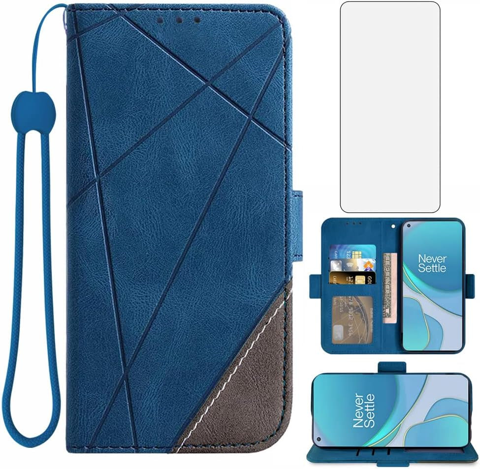 Compatible with Oneplus 8T Oneplus8T plus 9R 5G Wallet Case and Tempered Glass Screen Protector Flip Cover Card Holder Phone Cases for One Plus8T5G on 1 plus 8Tplus 1Plus 8T+ One+ 1+ 1+8T Pro G5 Black  Asuwish Blue  