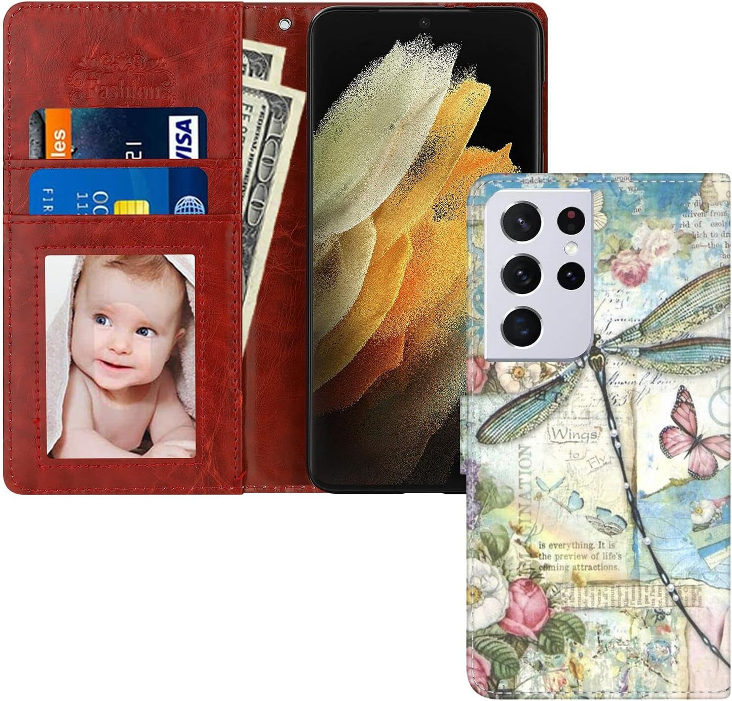 For LG G8 Thinq, Wallet Case Dragonfly Butterfly Phone Case Fit LG G8 Thinq 6.1 Inch Soft PU Leather Shockproof Flip Cover Card Slot with Wristbands for Women  Daobubu   