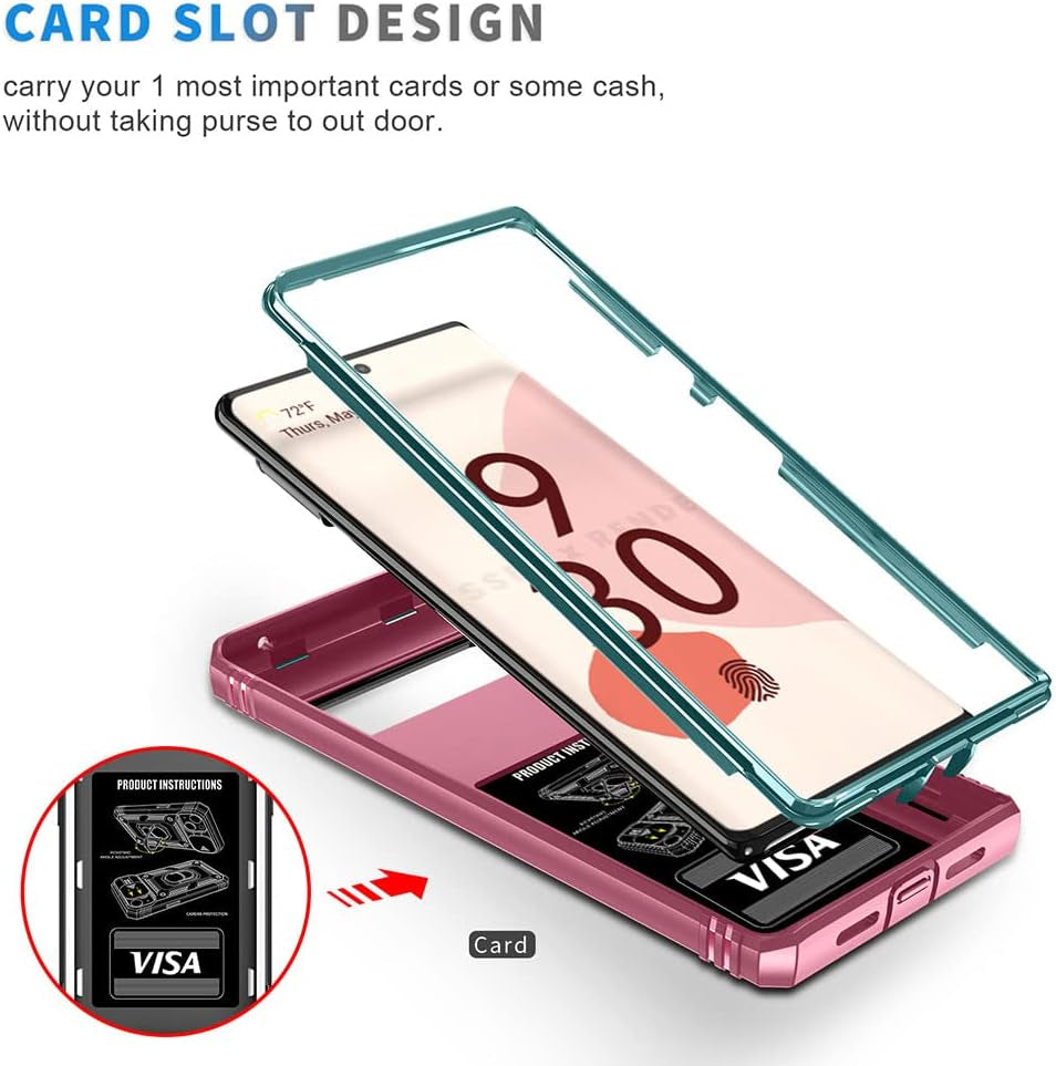 Google Pixel 6 Pro Case with Slide Camera Cover&Card Slot& Ring Kickstand Shockproof Military Grade Heavy Duty Protective Case Support Car Magnetic Holder for Google Pixel 6 Pro(2021)-Green/Pink  MOKYYDS   