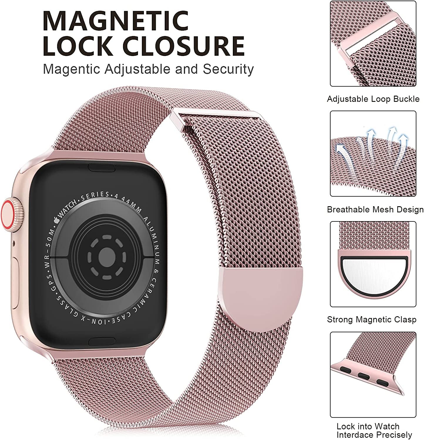 🌈🌈🌈OULUOQI for Apple Watch Band Series Ultra SE 8 7 6 5 4 3 2 1 38Mm 40Mm 41Mm 42Mm 44Mm 45Mm 49Mm Women and Men, Stainless Steel Mesh Loop Magnetic Clasp Replacement for Iwatch Band ( 38Mm/40Mm/41Mm Rose Gold）  OULUOQI   