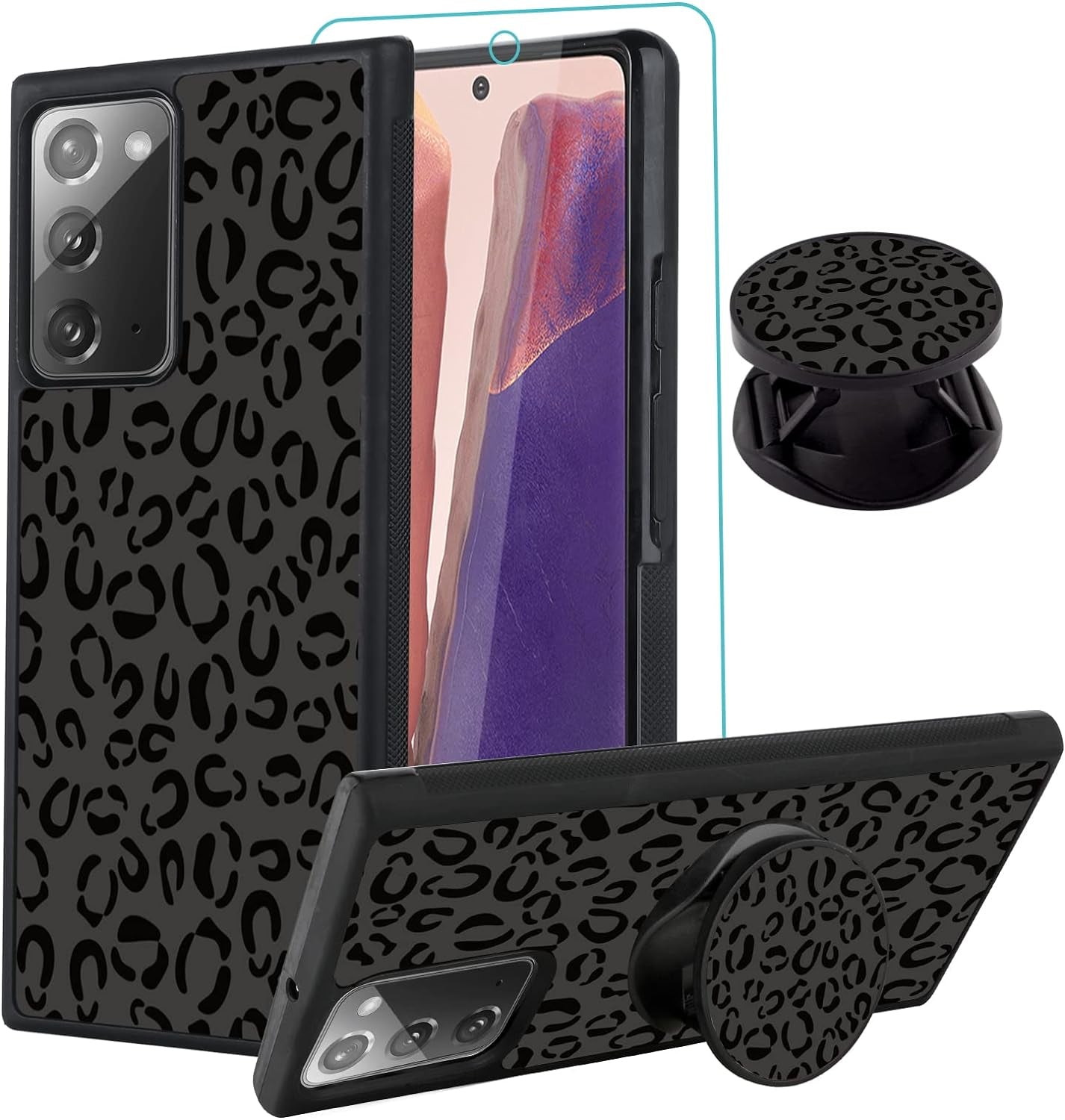 SAKUULO Samsung Galaxy Note 20 Case, [Screen Protector + Kickstand] Black Leopard Cheetah Design, Anti-Slip Shockproof Lightweight Flexible TPU Bumper Protective Case for Galaxy Note 20 6.7 Inch  SAKUULO   