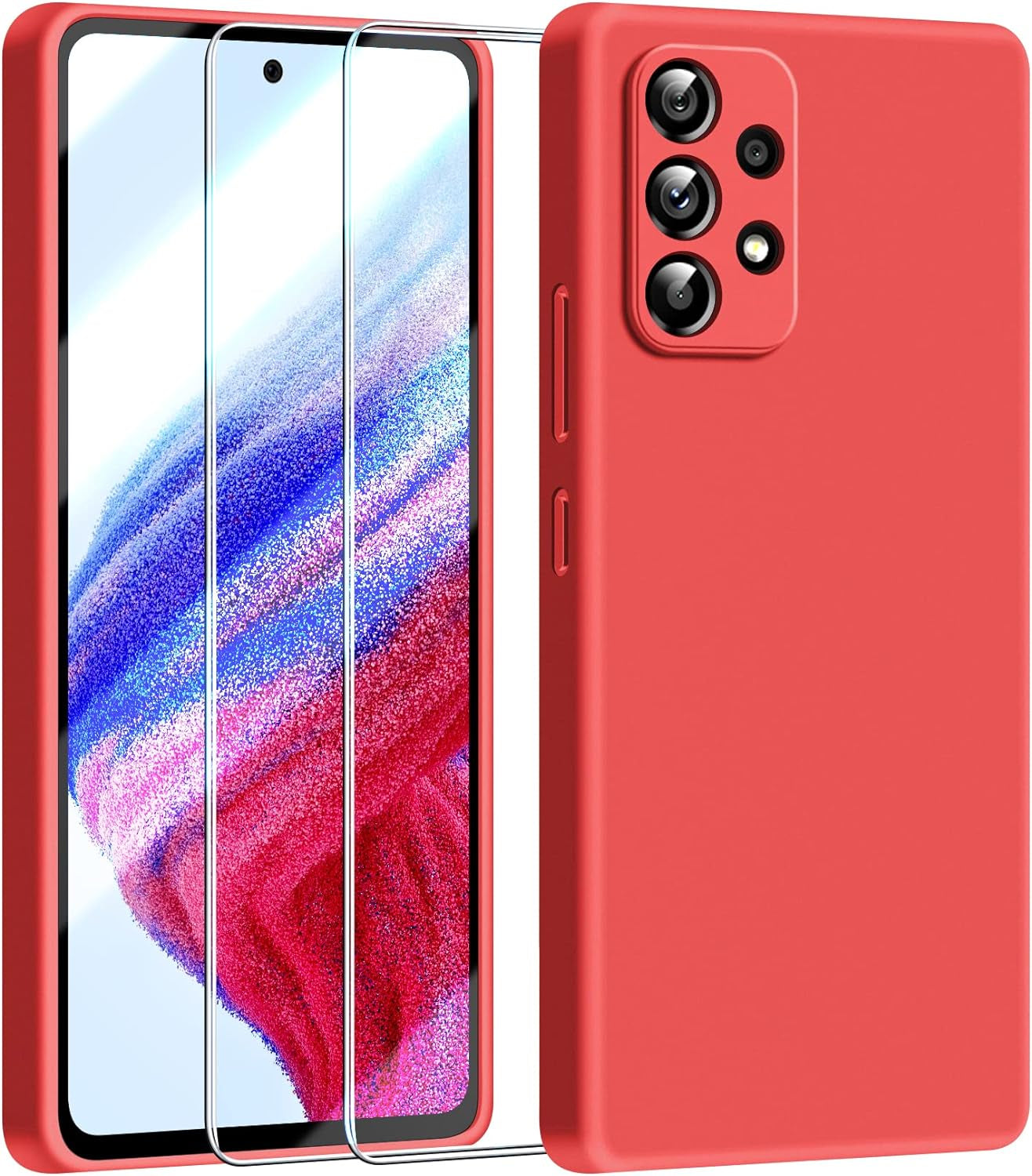 Dssairo [3 in 1 for Samsung Galaxy A53 5G Case, with 2 Pack Screen Protector, Camera Protection，Liquid Silicone Slim Shockproof Protective Phone Case [Microfiber Lining] (Black)  Dssairo Red  