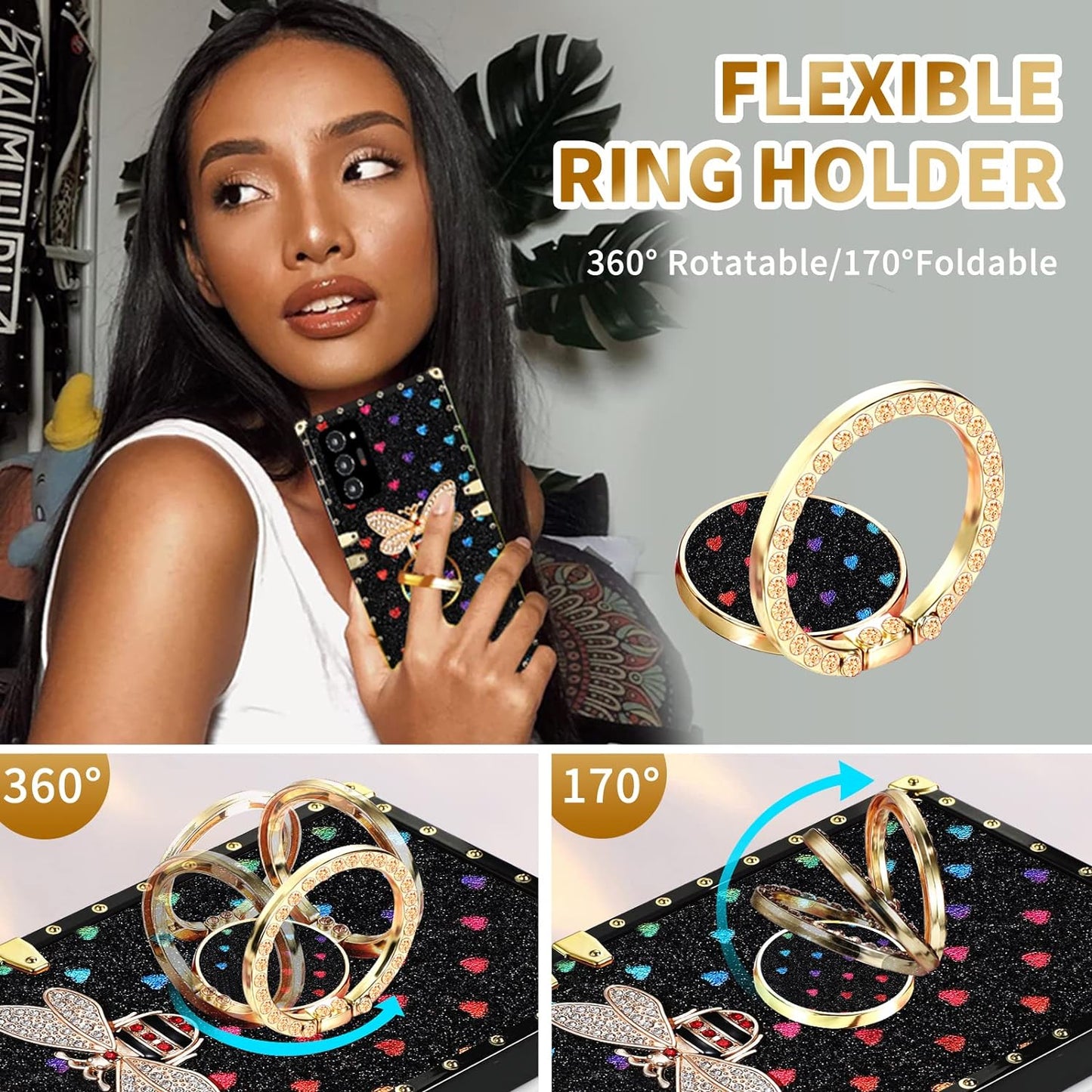 Loheckle for Samsung Galaxy Note 20 Ultra Case for Women, Designer Square Cases for Galaxy Note 20 Ultra with Ring Stand Holder and Lanyard, Stylish Bees Luxury Cover for Note 20 Ultra 6.9''  Loheckle   