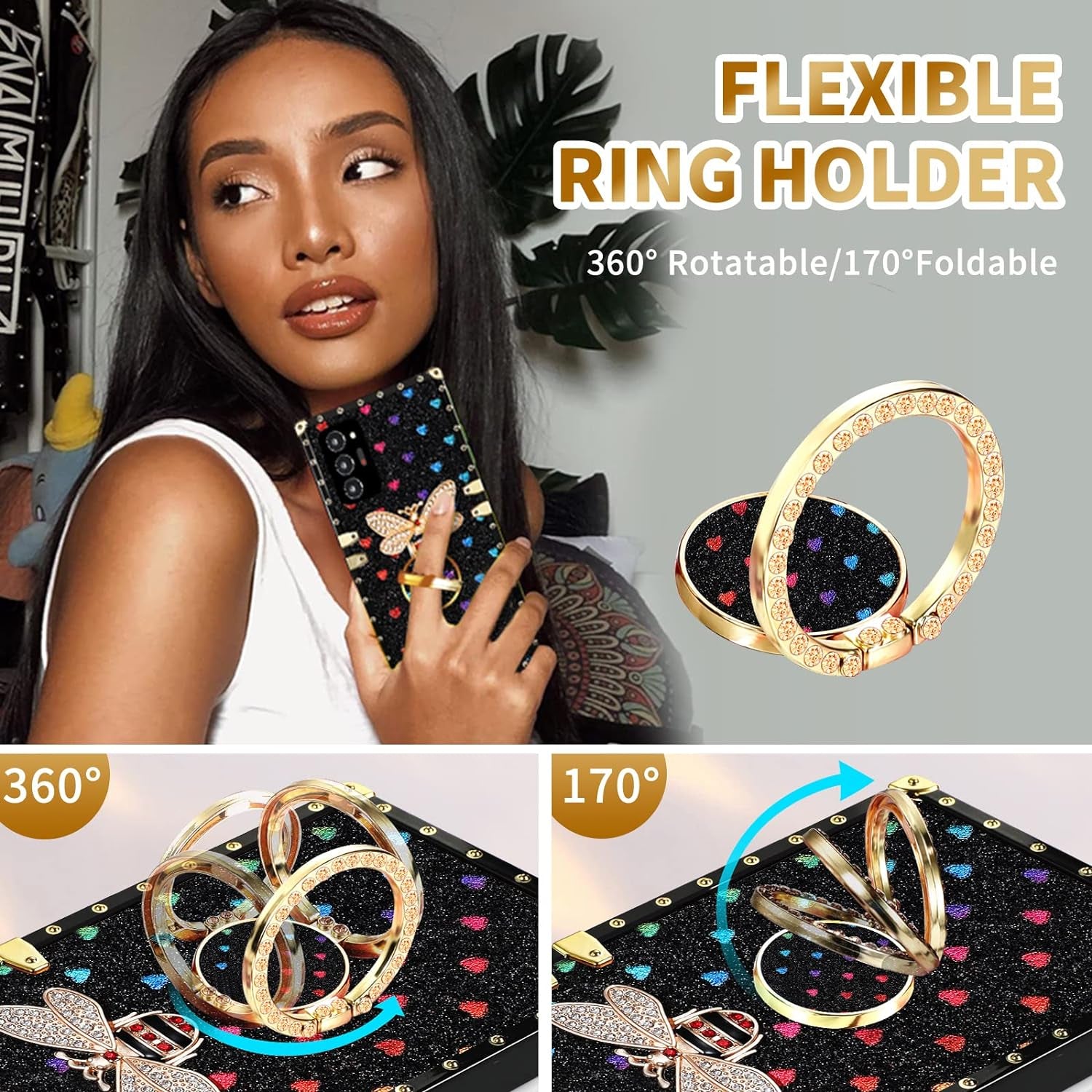 Loheckle for Samsung Galaxy Note 20 Ultra Case for Women, Designer Square Cases for Galaxy Note 20 Ultra with Ring Stand Holder and Lanyard, Stylish Bees Luxury Cover for Note 20 Ultra 6.9''  Loheckle   