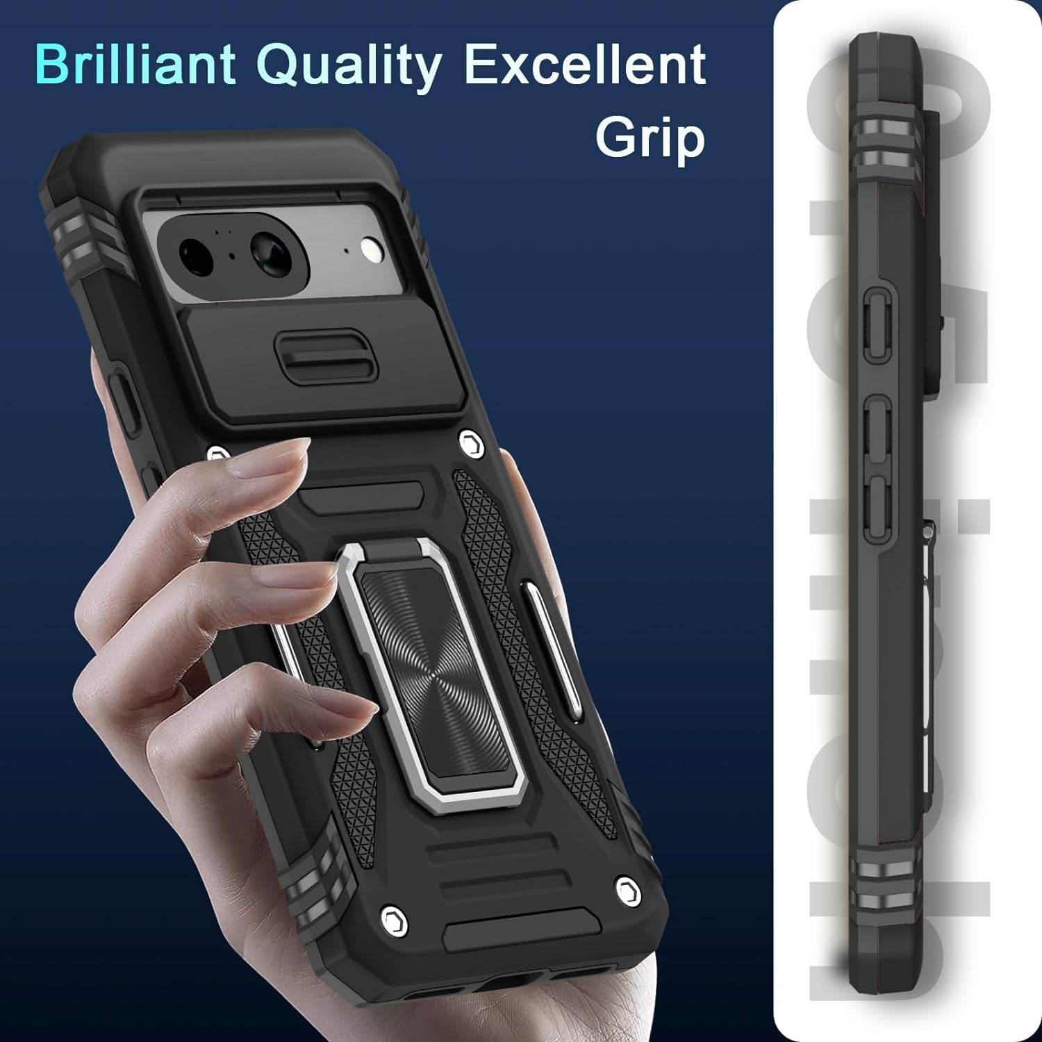 DEERLAMN for Google Pixel 8 Case with Slide Camera Cover+Screen Protector (1 Pack), Rotated Ring Kickstand Military Grade Shockproof Heavy Duty Protective Cover -Black  DEERLAMN   