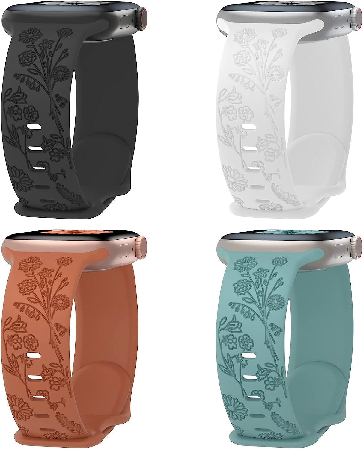 Keebowz 4 Pack Flower Engraved Silicone Band Compatible with Apple Watch Band 38Mm 40Mm 41Mm 42Mm 44Mm 45Mm 49Mm, Women Soft Floral Strap Sport Wristbands for Iwatch Series 8/7/6/5/4/3/2/1/Se/Ultra  Keebowz Black/White/Brown/Cactus 38/40/41mm 