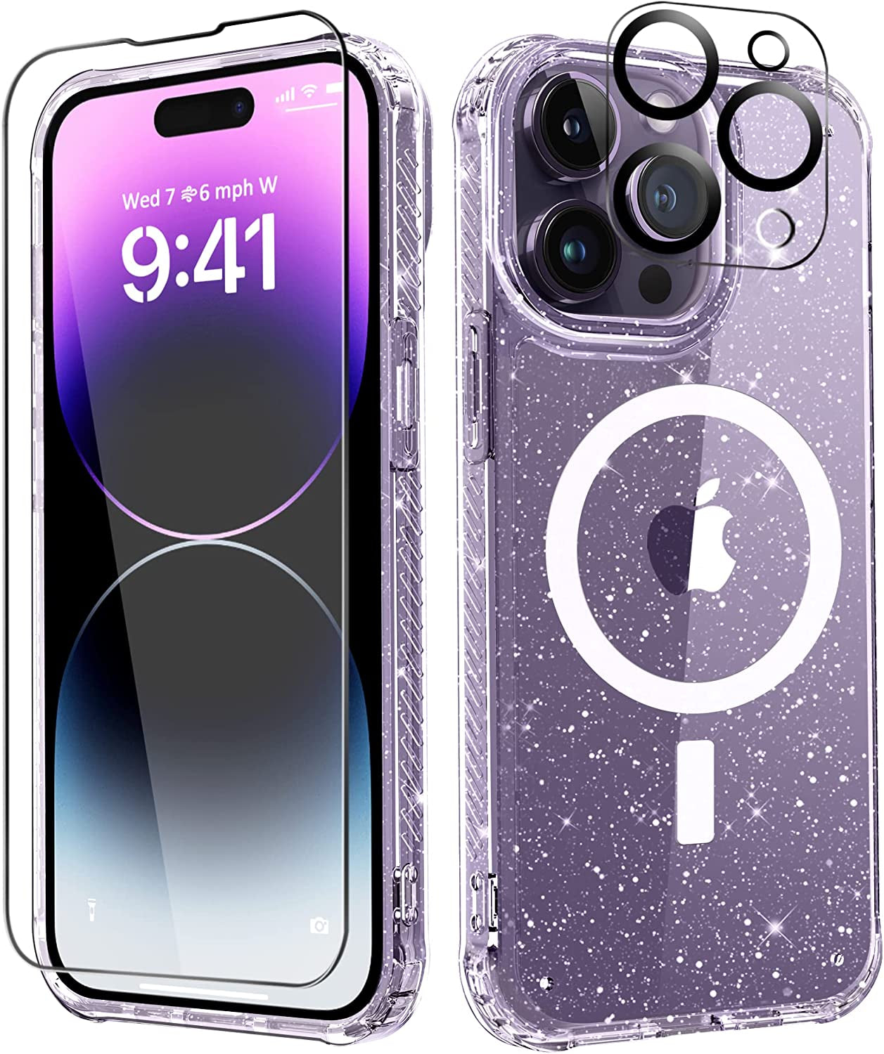 MIODIK Clear Glitter Case for Iphone 14 Pro, [Military-Grade Protective] with Screen Protector + Camera Protector, [Non-Yellowing] Slim Shockproof Women Cute Bumper Cover 6.1" 2022 (Sparkle Clear)  MIODIK Magnetic Clear  