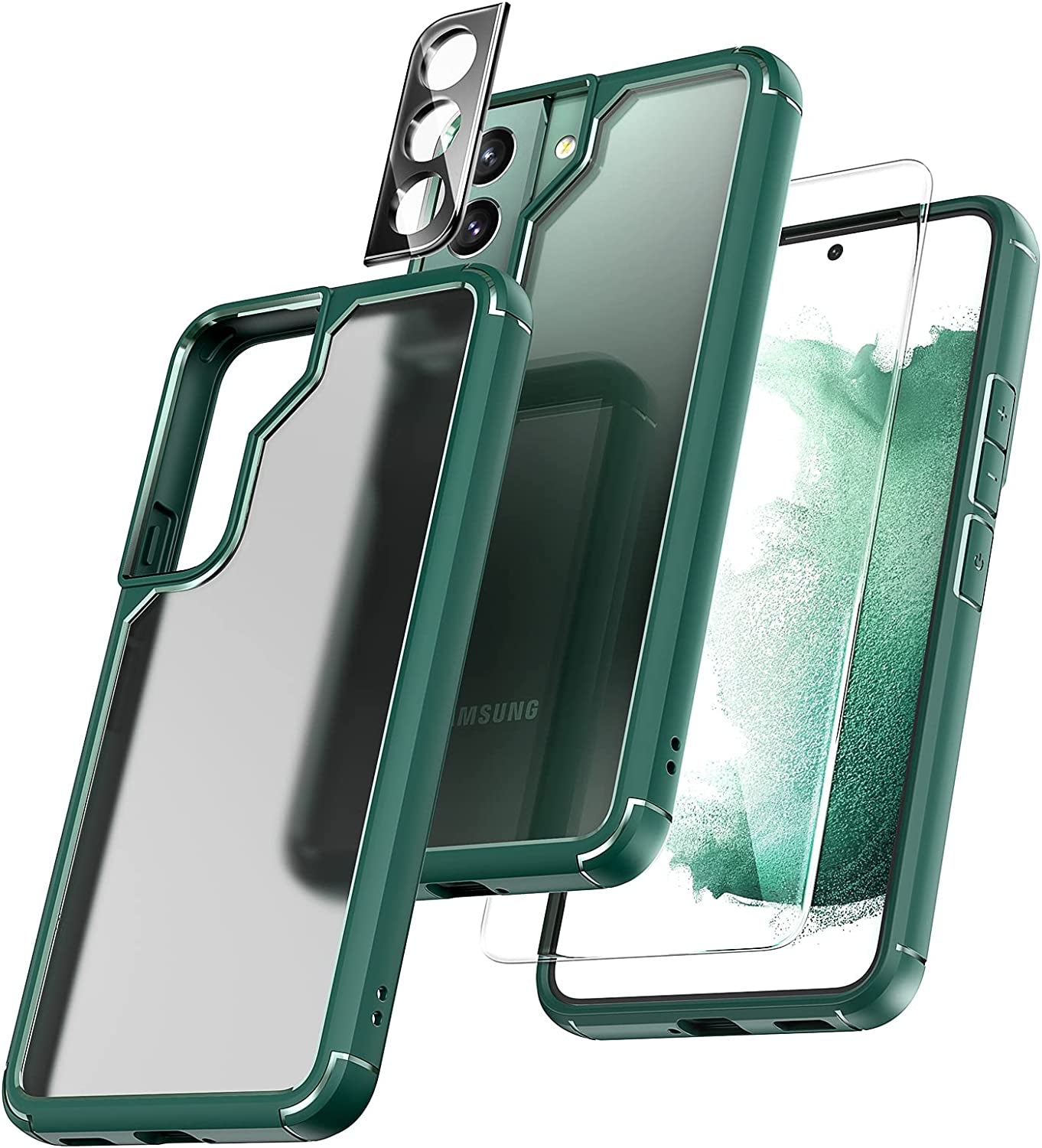 TOCOL [5 in 1 for Samsung Galaxy S22 Case 6.1 Inch, with 2 Pack Screen Protector + 2 Pack Camera Lens Protector, Translucent Matte Back [Military Grade Protection] Case for Galaxy S22 5G, Green  TOCOL   