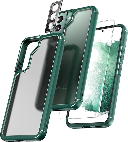 TOCOL [5 in 1 for Samsung Galaxy S22 Case 6.1 Inch, with 2 Pack Screen Protector + 2 Pack Camera Lens Protector, Translucent Matte Back [Military Grade Protection] Case for Galaxy S22 5G, Green  TOCOL   