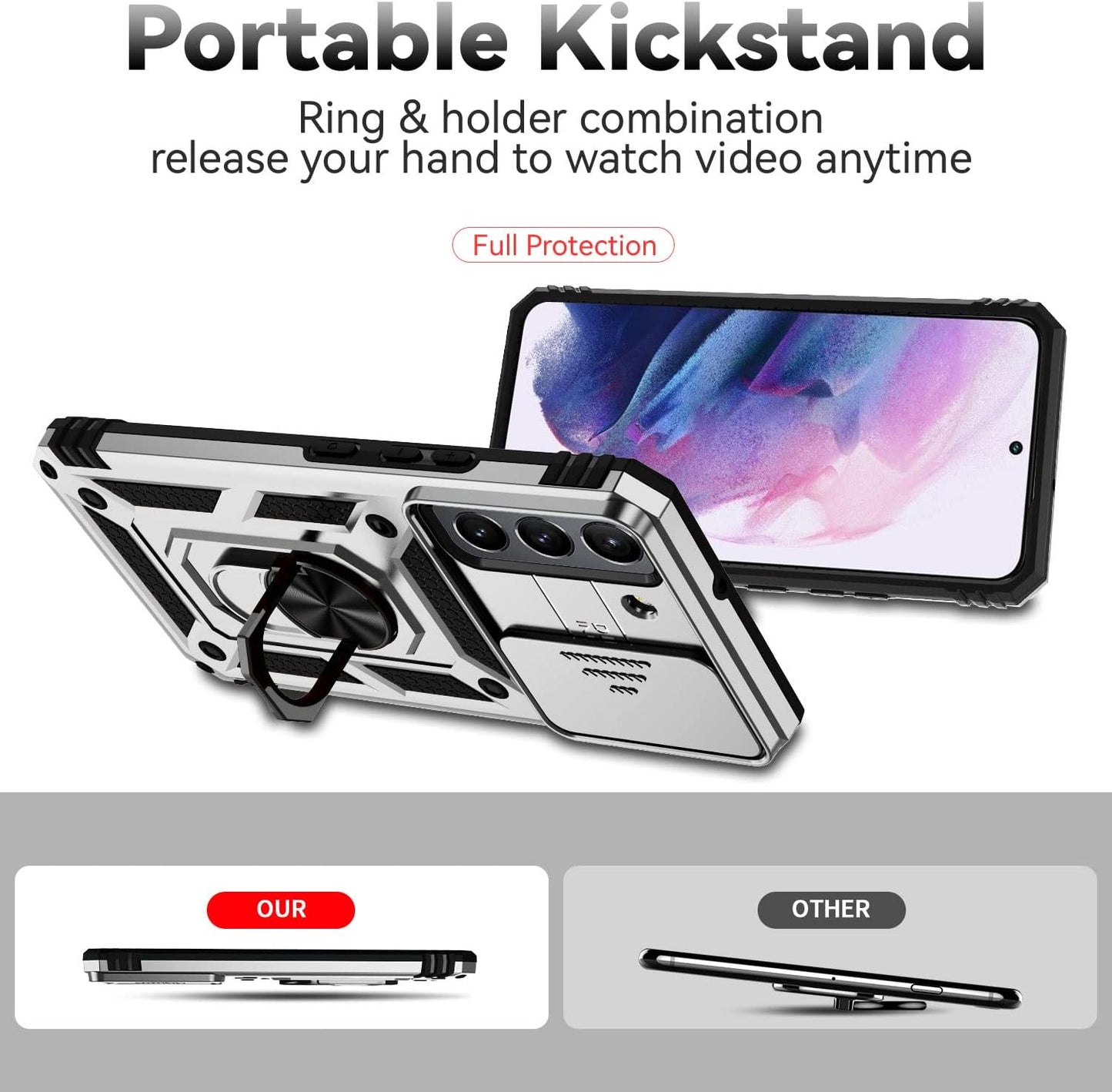 Compatible with Samsung Galaxy S22 Case with Screen Protector and Slide Camera Cover Military Grade Shockproof Heavy Duty Kickstand Bumper Car Mount Full-Body Protective for Samsung S22 Case -Silver  LEZYWONE   