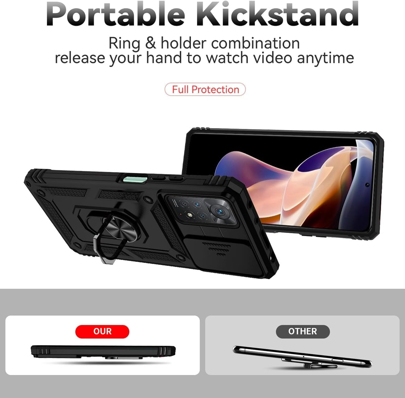 Yodueiv for Redmi Note 11 Pro 4G/5G/Redmi Note 11E Pro Case with Tempered Glass Screen Protector and Slide Camera Cover, Magnetic Ring Car Mount Holder Cover for Xiaomi Redmi Note 11 Pro 5G Black  Yodueiv   