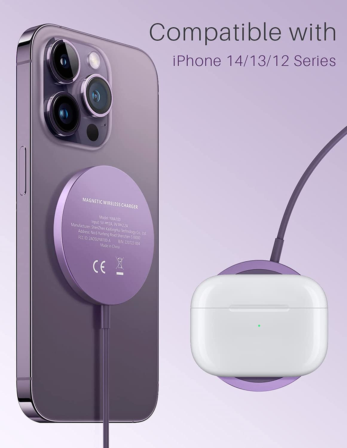 Compatible with Magsafe Charger for Iphone 14 - Mag Safe Magnetic Wireless Charger Pad for Iphone 14/14 Pro/14 Plus/14 Pro Max/13/13 Pro/13 Pro Max/13 Mini/12,[1 X USB C to USB Adapter][No AC Adapter]  YLLZI   