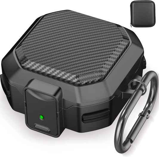 (With Secure Lock) Carbon Fiber Cover for Samsung Galaxy Buds2 Pro/ Buds Pro / Buds Live / Buds 2, Case with Keychain/Zipper Box/Clean Brush (Black)  Galafoki   