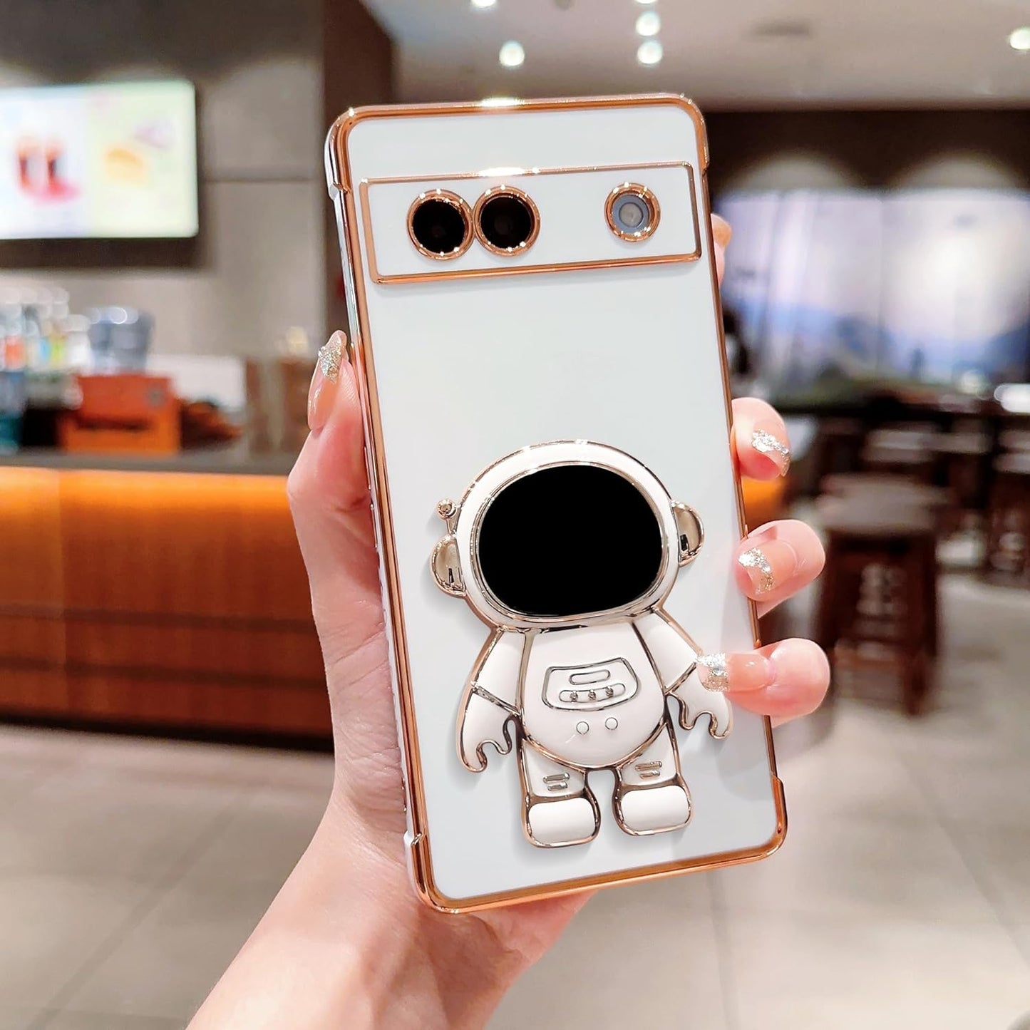 Phylla Phone Case for Google Pixel 7A 6.1” 5G,Luxury Plating Astronaut Stand Holder Phone Case with Cute Love Heart Side Small Pattern Soft Silicone Shockproof Kickstand Cover Bumper (White)  phylla   