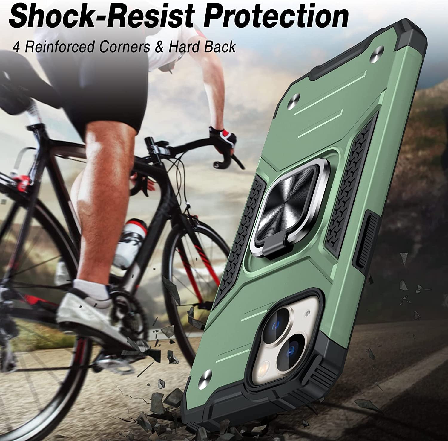 JAME for Iphone 14 Case with Screen Protector [2 PCS], Shockproof Bumper Case for Iphone 14 Case for Women & Men, Heavy-Duty Protection with Metal Ring Kickstand Case for Iphone 14, Alpine Green  XJXIN   