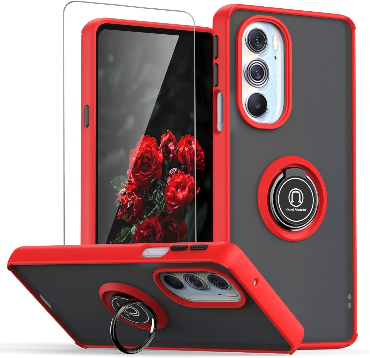 TJS for Motorola Moto Edge plus 2022 / Moto Edge+ 5G UW 2022 / XT2201 / Edge 30 Pro Case with Tempered Glass Screen Protector Metal Ring Kickstand Magnetic Support Protection Phone Case (Light Blue)  TJS Red  