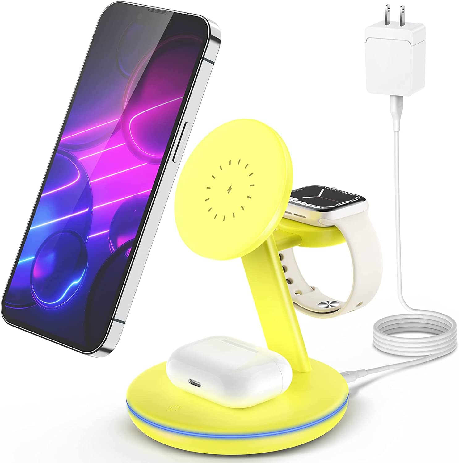 Magnetic Wireless Charging Station for Apple Series, 3-In-1 Standard 15W Fast Mag-Safe Charger Stand with QC3.0 Adapter, for Iphone 14,13,12 Pro Max/Pro/Mini/Plus, Iwatch Ultra/8/7/6/5/4/3/2, Airpods…  Pilita DongGuanShi WeizhiChuang Technology Co, Ltd Yellow  