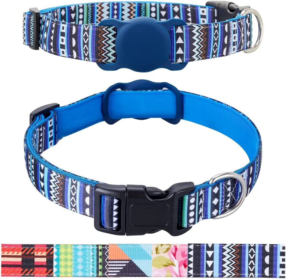 Airtag Cat Collar, Animire Soft Neoprene Padded Air Tag Collar for Extra Small Dogs, Polyester Puppy Pet Collar with Silicone Airtag Case Holder Accessories, 8"-12" Neck  Animire Bohemia Navy XS: 8"-12" neck 