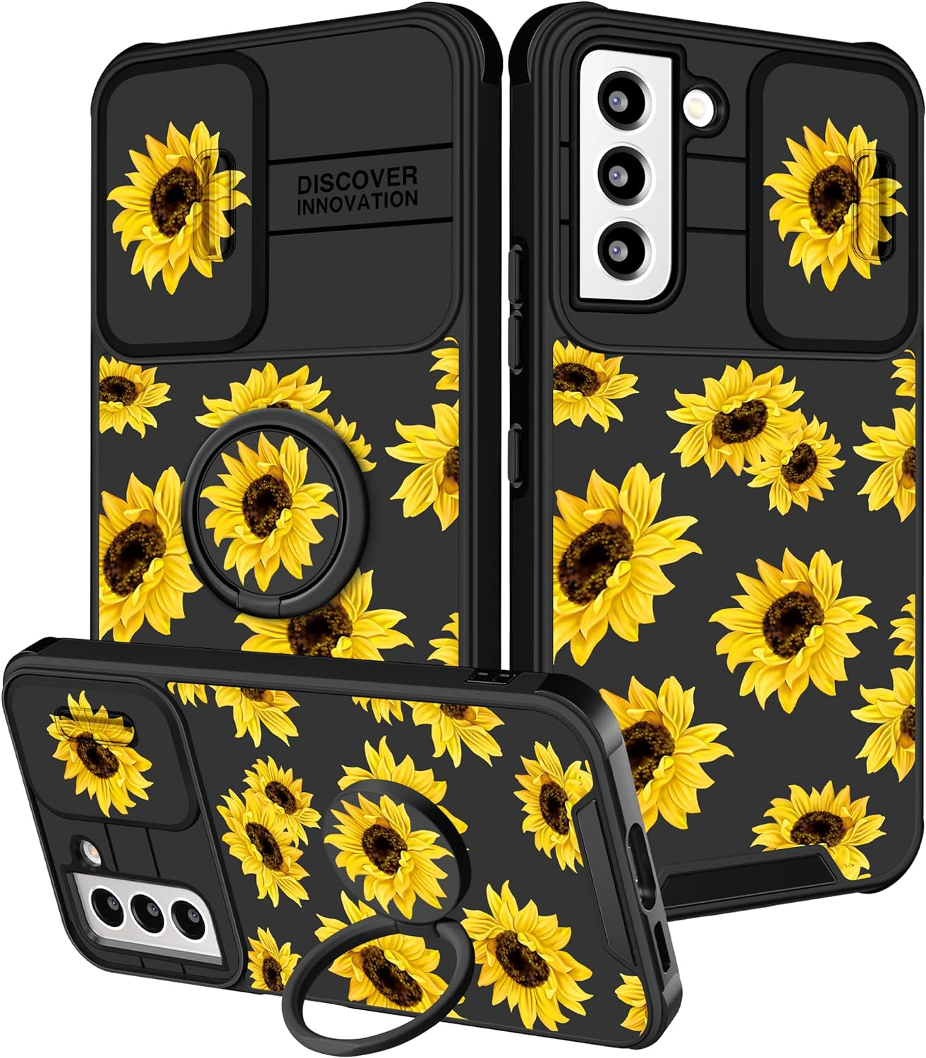 Funermei (2In1 for Samsung Galaxy S22 Case for Girls Women Cute Butterfly Cover Girly Aesthetic Black Pretty Fashion Design with Camera Cover and Ring Stand Funda for Galaxy S22 Phone Cases  Funermei 2-For Sunflower  