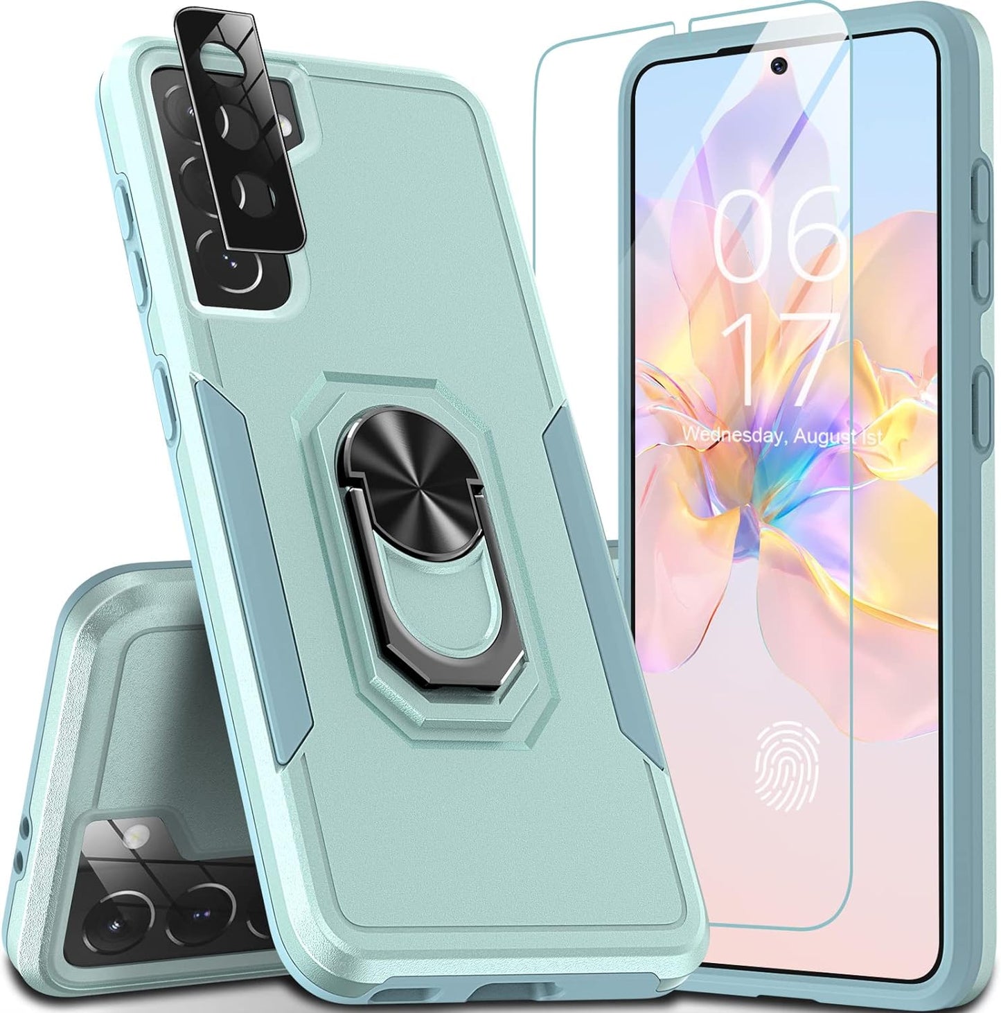 Oneagle for Samsung Galaxy S21 Case 5G, [4 in 1 ] Samsung S21 5G Case with [9H Glass Screen Protector+ Lens Protector] [ 360 Ring Stand] [12Ft Military Dropproof] Shockproof Case for Galaxy S21 5G  Oneagle-US Green  