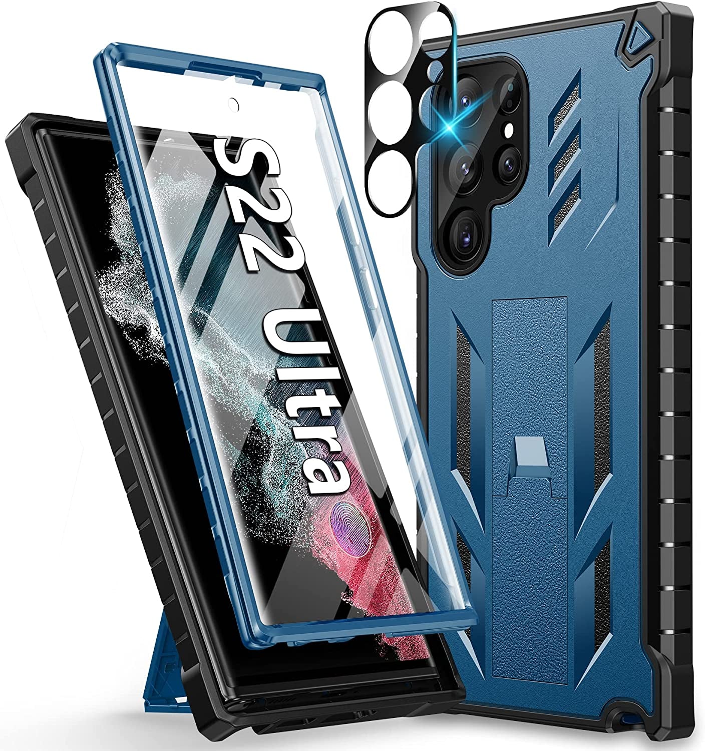 For Samsung Galaxy S22 Ultra Case: Military Grade Drop Proof Rugged Protective S22Ultra 5G Phone Cover with Built-In Screen Protector & Kickstand |Shockproof Bumper Dual Layer 360 Full Protection  SOiOS B-Blue S22 Ultra 