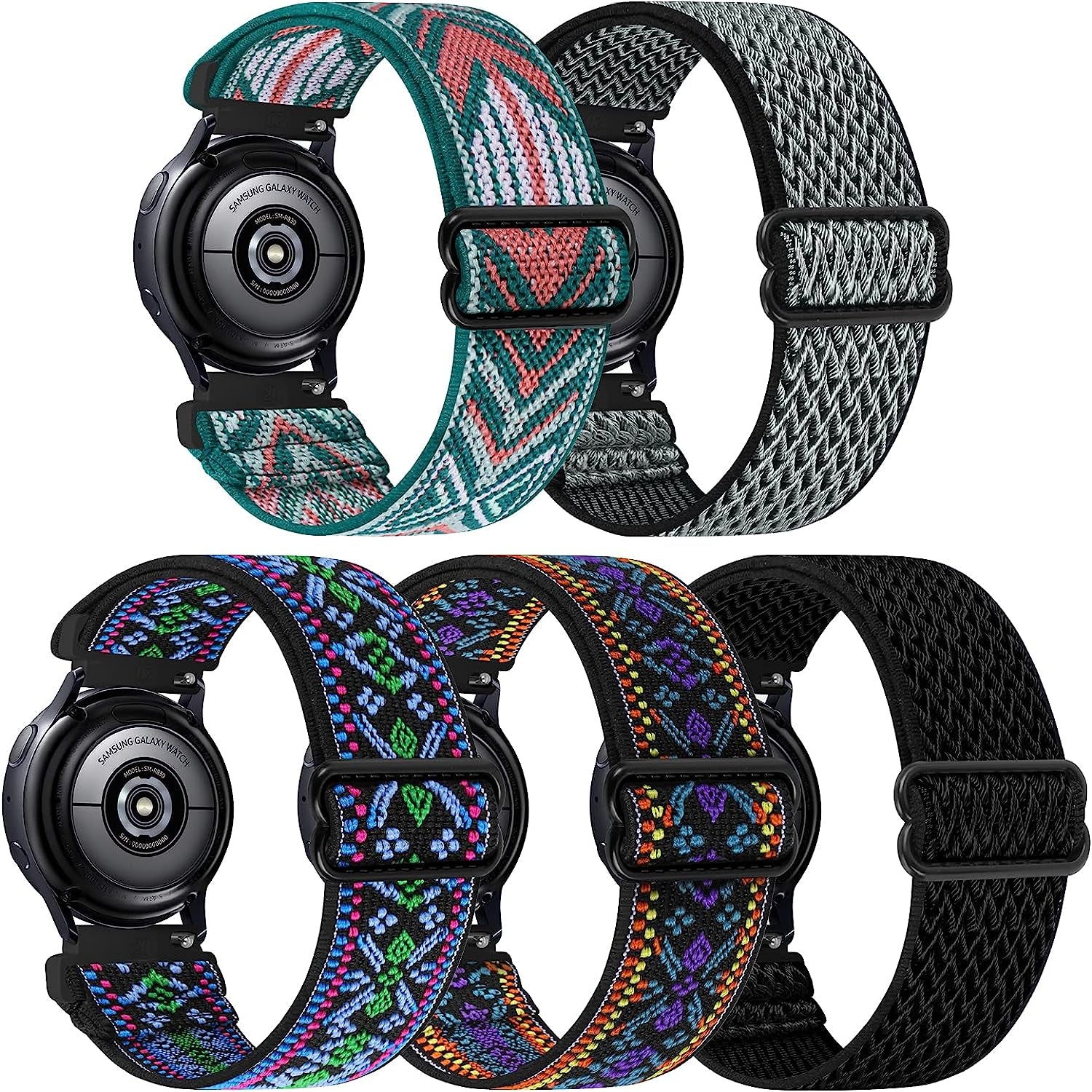 5 Pack Stretchy Nylon Watch Bands Compatible with Samsung Galaxy Watch Active 2 Bands 40Mm 44Mm/Active 40Mm/Galaxy Watch 3 41Mm/Galaxy Watch 42Mm/Gear S2/Galaxy Watch 4 Fabric 20Mm Wristband  MEULOT   