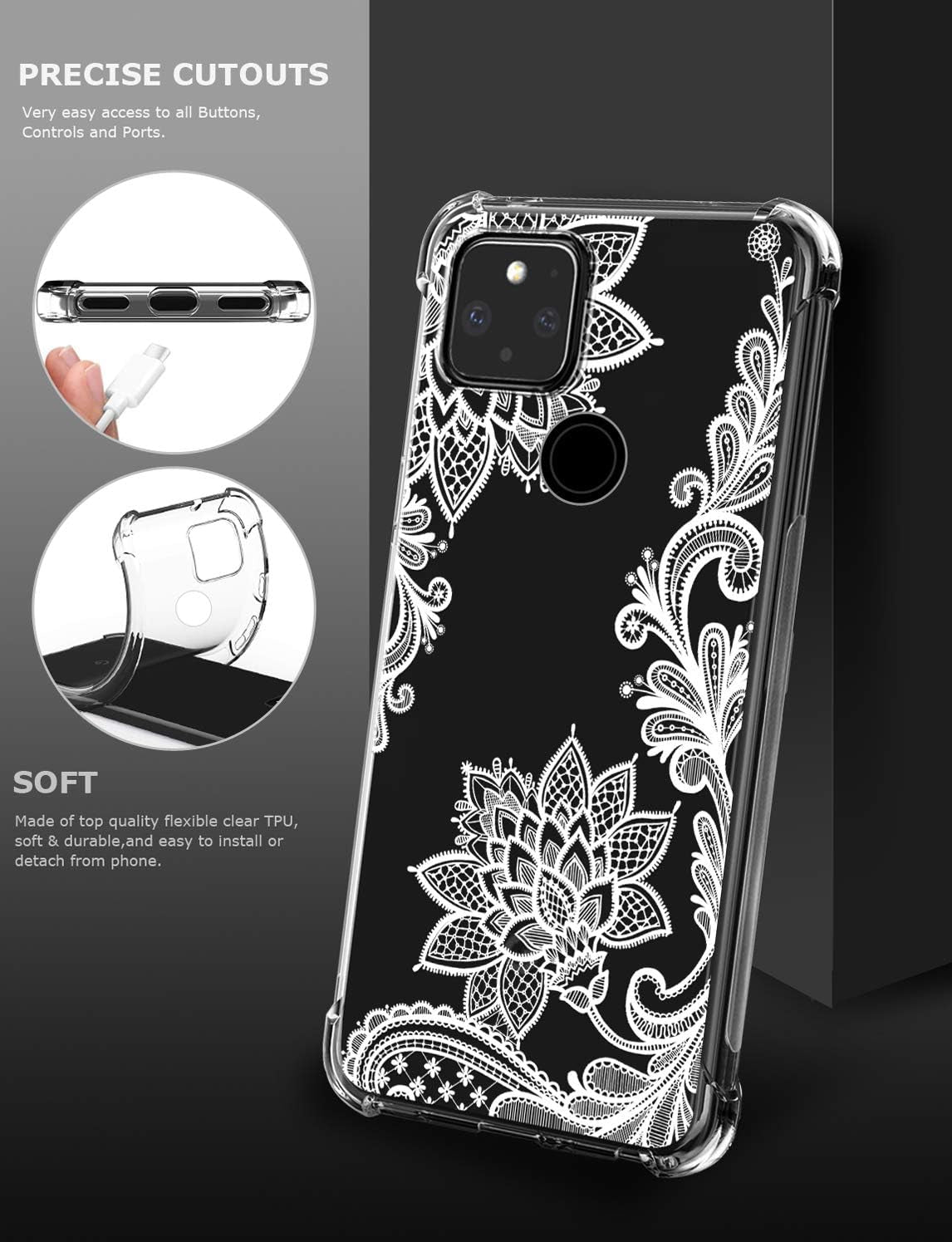 GREATRULY Floral Clear Case for Pixel 5 for Women/Girls,Pretty Phone Case for Google Pixel 5 (2020),Flower Design Slim Soft Transparent Drop Proof TPU Bumper Cushion Silicone Cover Shell,Fl-S  GREATRULY   