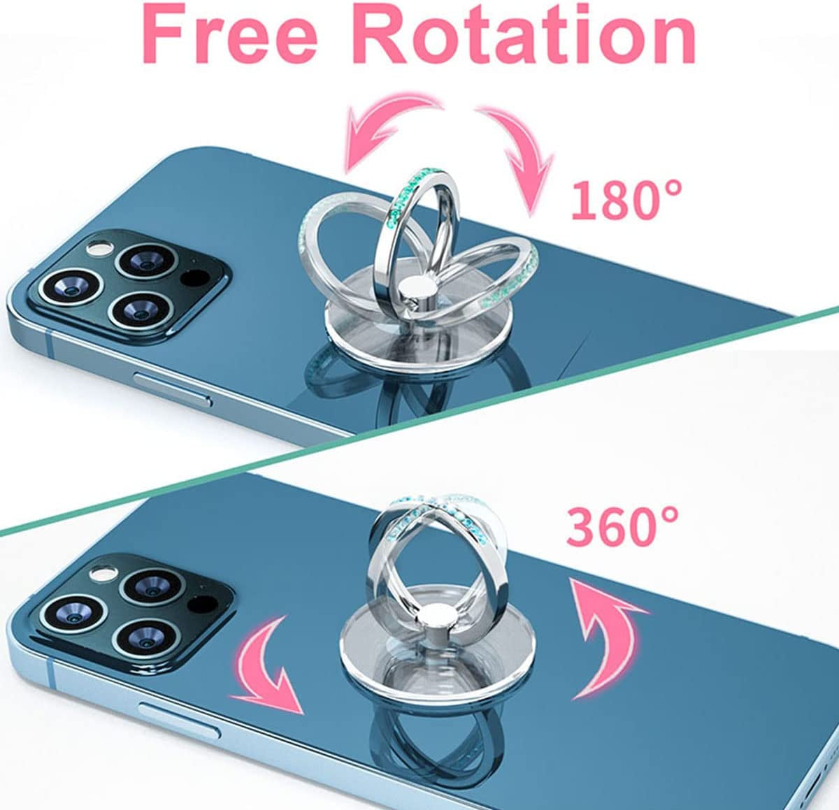 4 Pcs Kutumyqc Cell Phone Ring Holder Stand Diamond Transparent Finger Grip Clear 360° Degree Rotation Kickstand Compatible Iphones and All Phones (Silver Pink Blue Aquamarine)  KutumyQC   