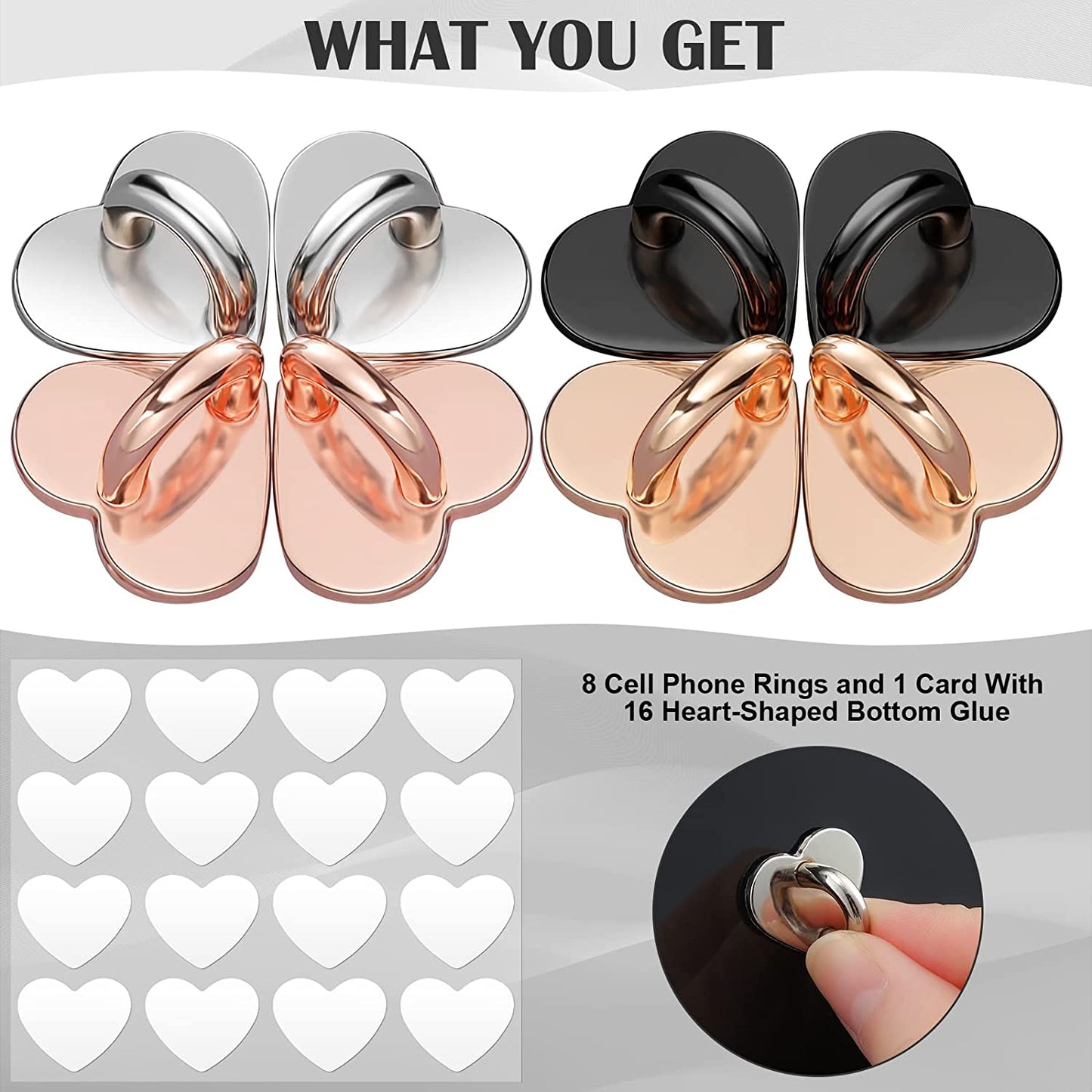 8 Pcs Cell Phone Finger Ring Adhesive Metal Phone Finger Grip Loop Stand Heart Grip Holder Phone Charm Hook for DIY Hanging Supplies (Gold, Silver, Rose Gold, Black)  Moxweyeni   
