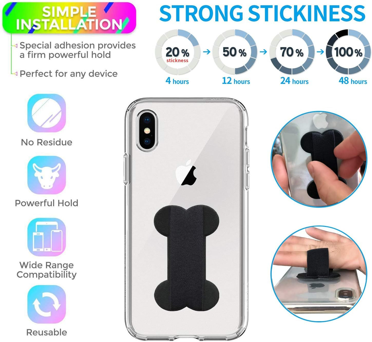 REINVENT Ego-Finger Strap Phone Holder - Cell Phone Grip Holds Device with Just a Finger - Ultra Thin Anti-Slip Universal Cell Phone Grips Band Holder for Back of Phone - 2Pack(Black)  REINVENT EGO   