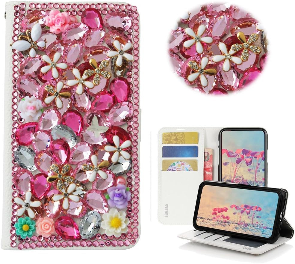 STENES LG G6 Case, LG G6 plus Case - STYLISH - 3D Handmade Crystal Heart Pendant Butterfly Flowers Wallet Credit Card Slots Fold Stand Leather Cover Case for LG G6/LG G6 plus - Pink  STENES Flowers Floral / Pink  