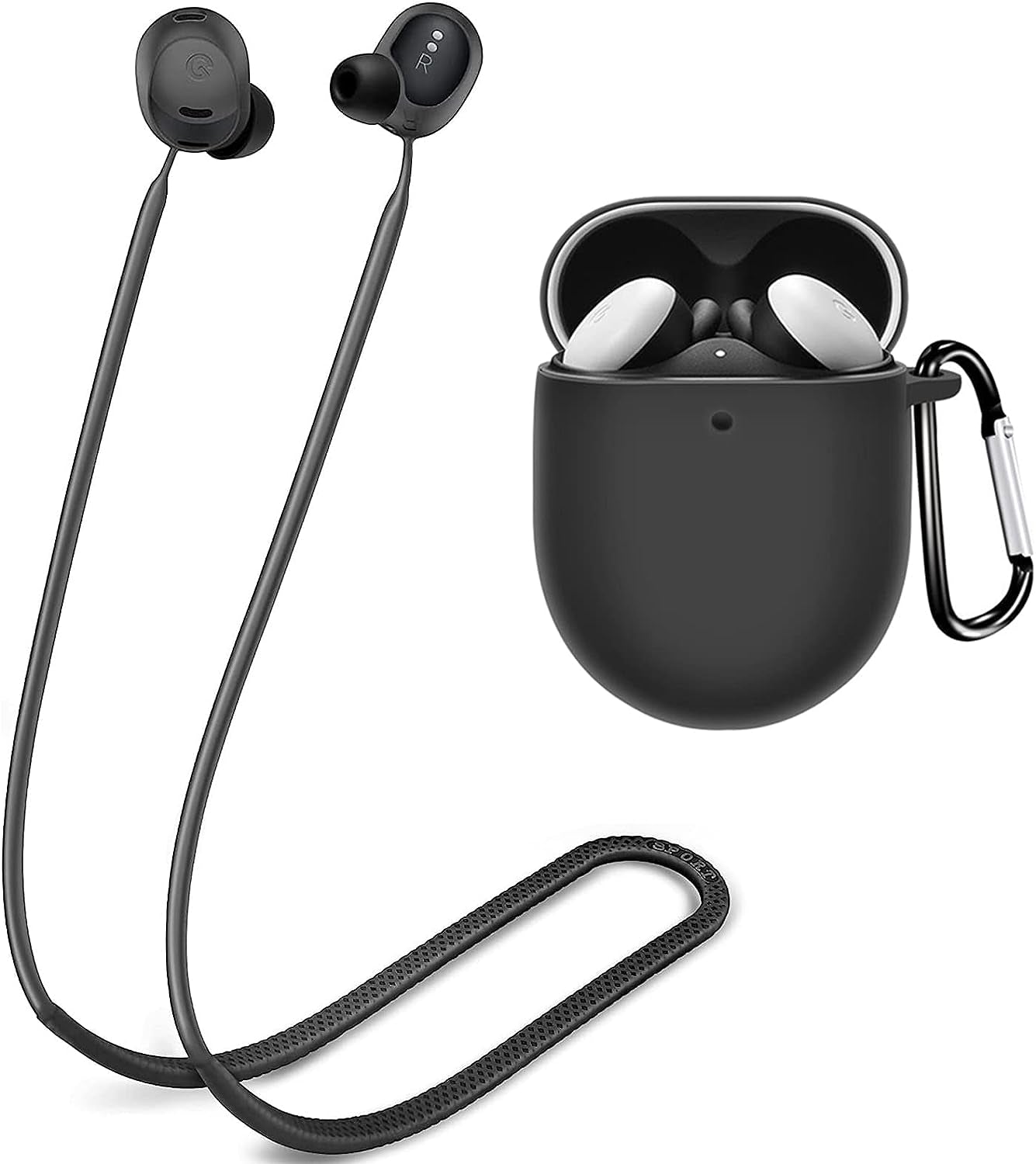 (1+1) Miimall Compatible for Google Pixel Buds Pro Case with Strap, Soft Silicone Keychain Protective Case Cover + Anti-Lost Neck Strap for Pixel Buds Pro 2022 Accessories (Black)  Miimall   