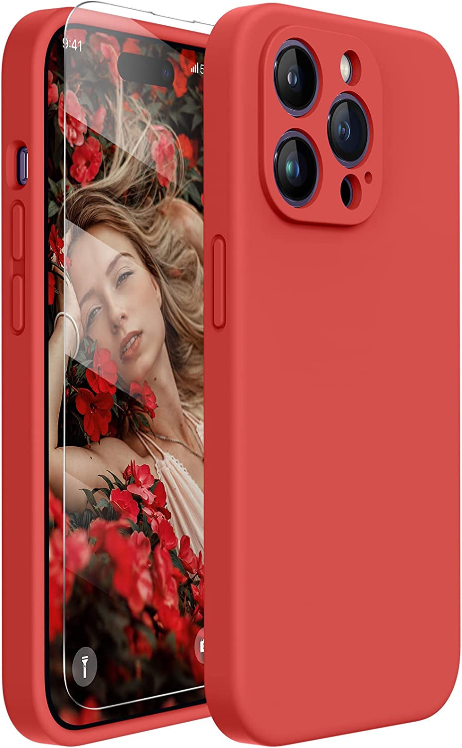 Miracase Designed for Iphone 14 Pro Case with Screen Protector, [Upgraded Camera Protection], Shockproof Liquid Silicone Rubber Phone Case Cover for 14 Pro 6.1 Inch (Alpine Green)  Miracase Coral  