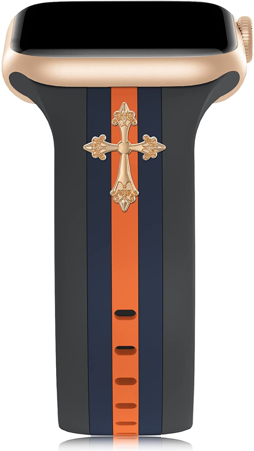 Designer Band with Charms Decor Compatible with Apple Watch Band 38Mm 40Mm 41Mm 42Mm 44Mm 45Mm 49Mm Women Men, Stylish Silicone Sport Wristbands for Iwatch Series 8 7 6 5 4 3 2 1 SE Ultra  Bagoplus Grey/Blue/Orange with Cross 38mm/40mm/41mm 