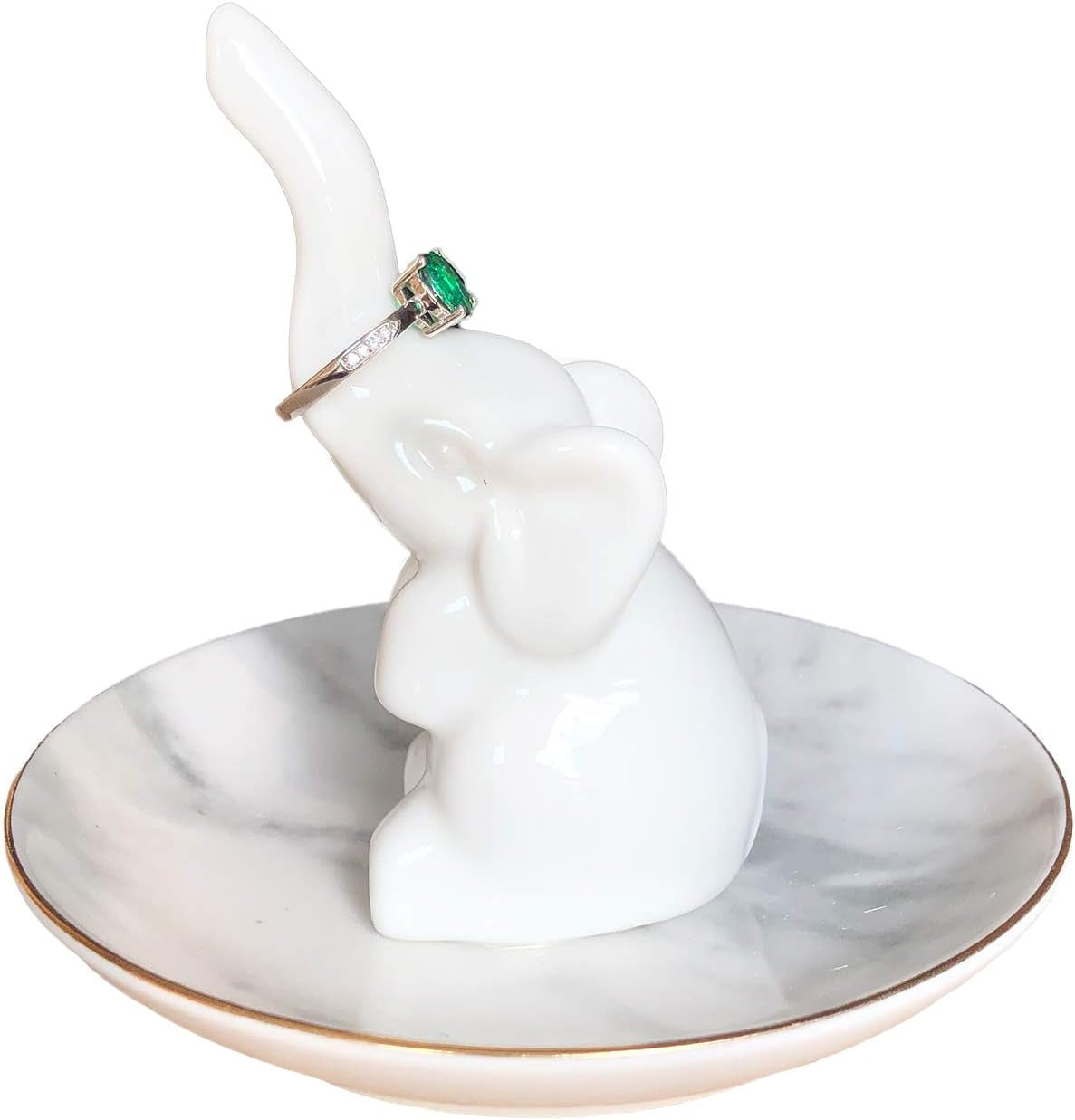 HOME SMILE Elephant Ring Dish Holder for Jewelry,Elephant Gifts for Women Chritsmas,Engagement Wedding Trinket Trays,Ceramic White  QY Elephant with Marble Dish  