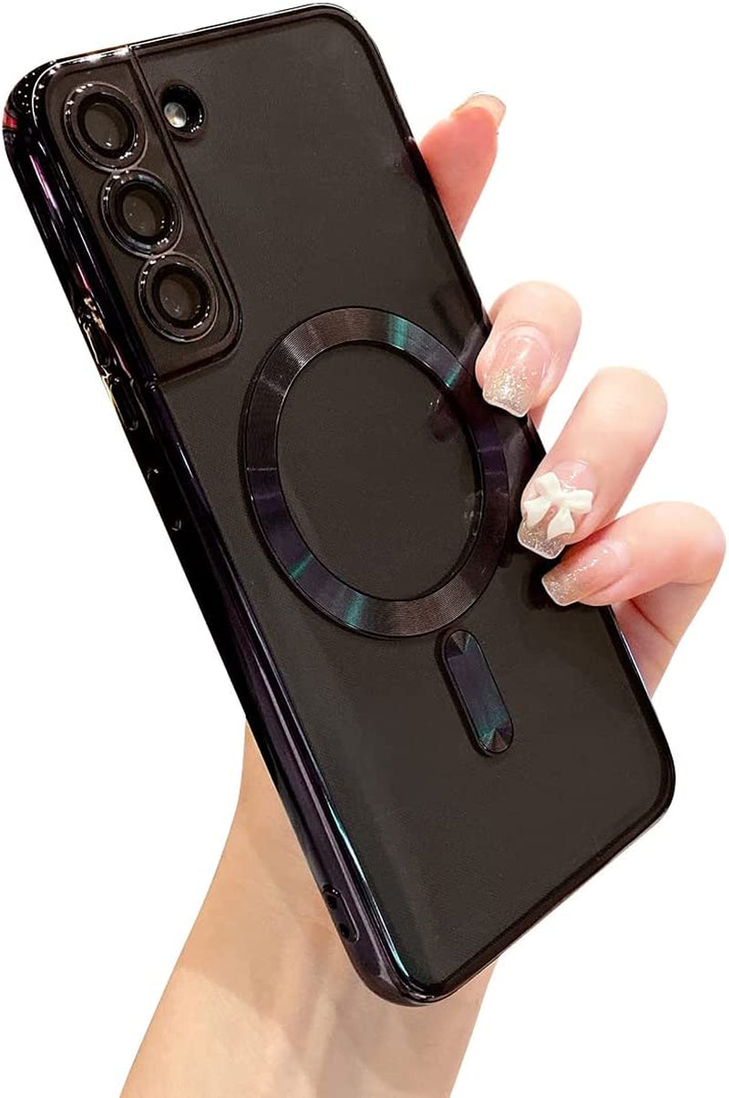 Threehundred for Samsung Galaxy S22 plus Case Magnetic Clear with Camera Lens Protector Full Protection Magsafe Electroplated Silicone Slim Fit Shockproof Protective Case Cover 6.6 Inch - Pink  Threehundred Black  