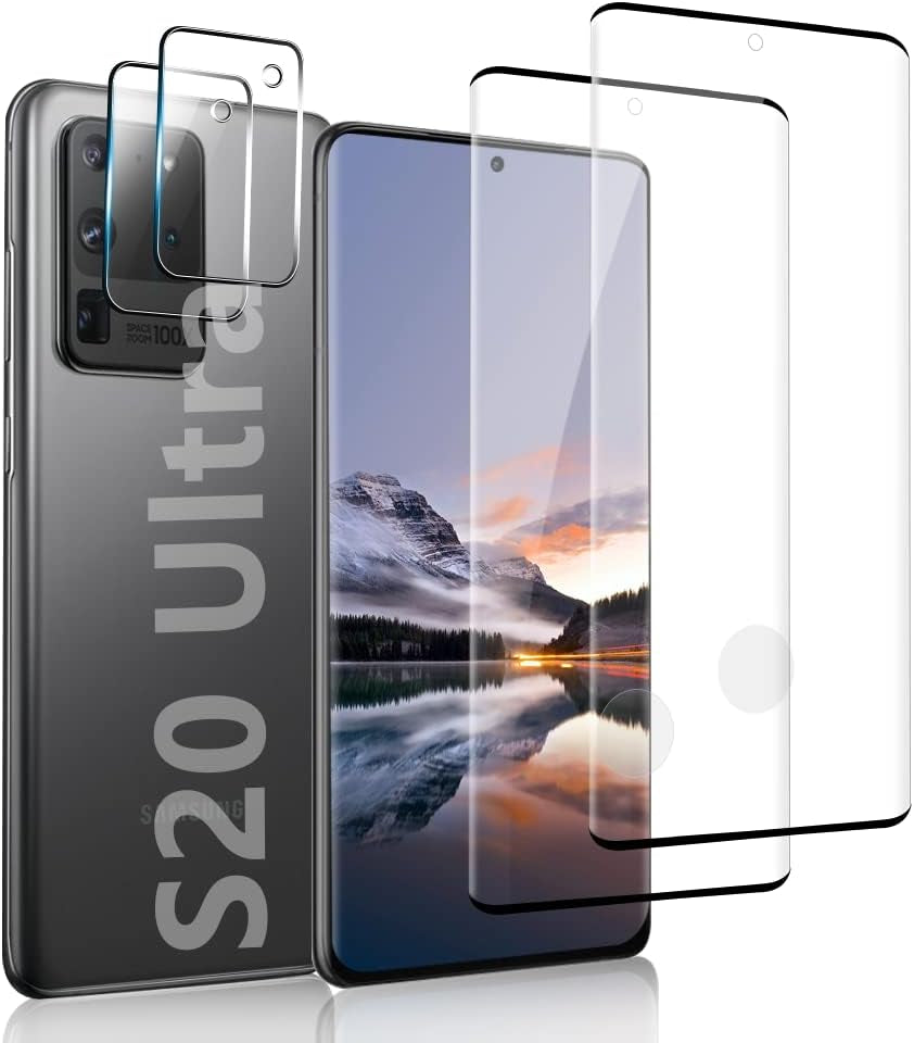 [2+2 Pack] Galaxy S20 Ultra Screen Protector and Camera Lens Protector,Fingerprint Unlock,3D Full Coverage,For Samsung Galaxy S20 Ultra (6.9 Inch) 9H Hardness Tempered Glass Screen Protector  OuYteu for Samsung Galaxy S20 Ultra  