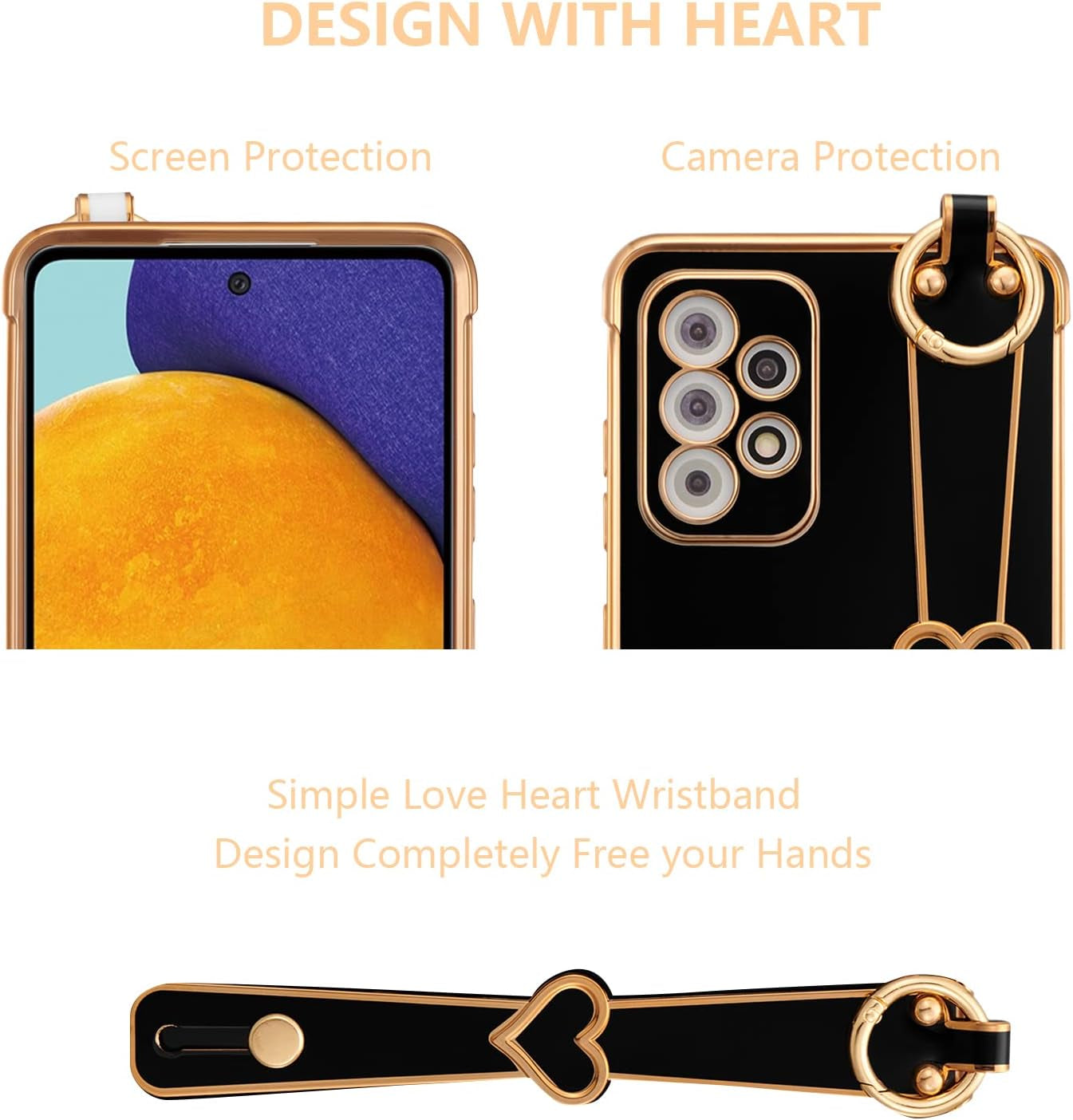 ZTOFERA Samsung Galaxy A53 5G Case with Kickstand,Luxury Cute Plating Edge Love Hearts Pattern Wrist Strap Finger Holder for Girls Women,Soft Shockproof Cover for Galaxy A53 6.5",Black  ZTOFERA   