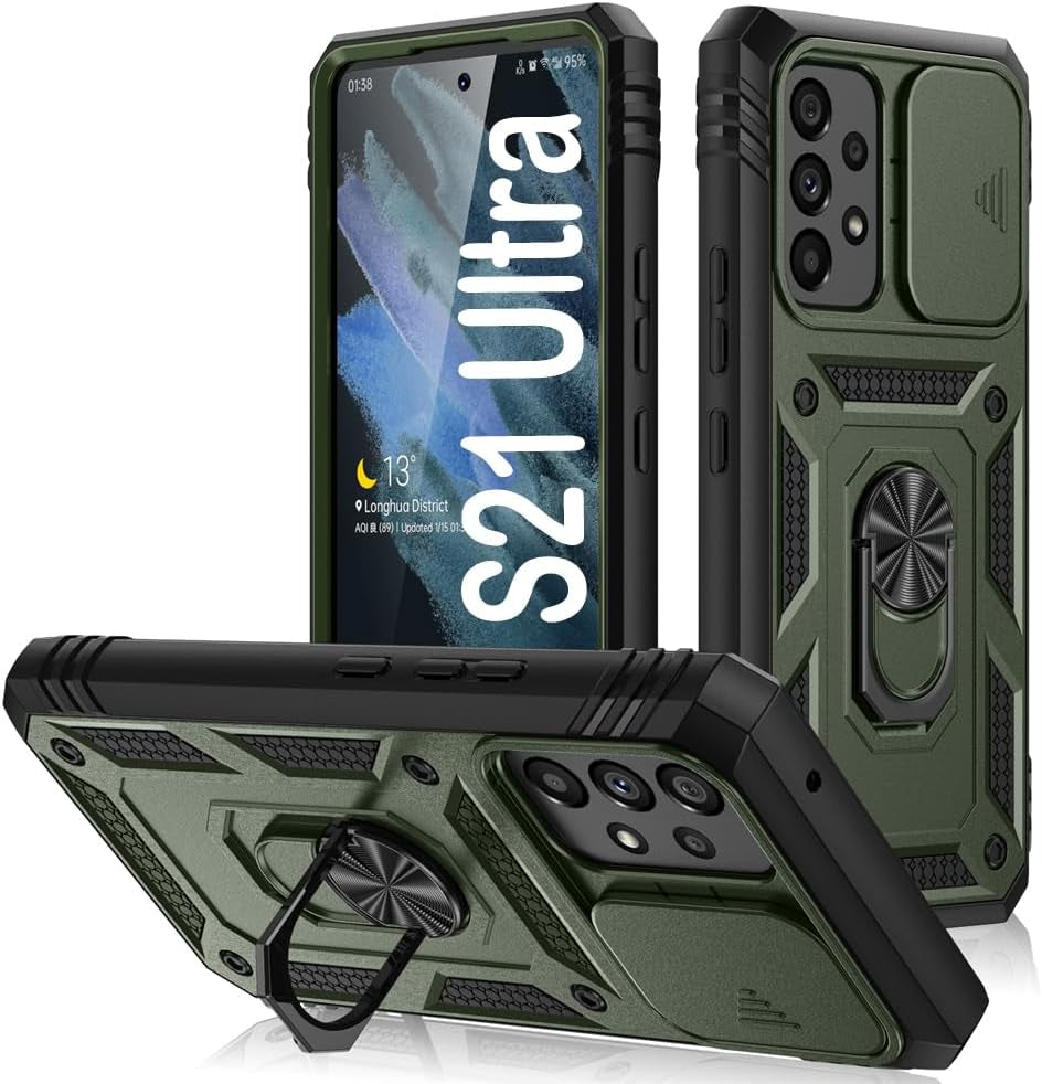PASNEW for Samsung Galaxy S21 Ultra Case,Finger Ring Kickstand & Camera Cover Slide & Charge Port Dust Plug,Military Heavy Duty Full Body Shockproof Protective Hard Shell S21Ultra,6.8 Inch,Pink  PASNEW Army Green Samsung Galaxy S21 Ultra【6.8"】 